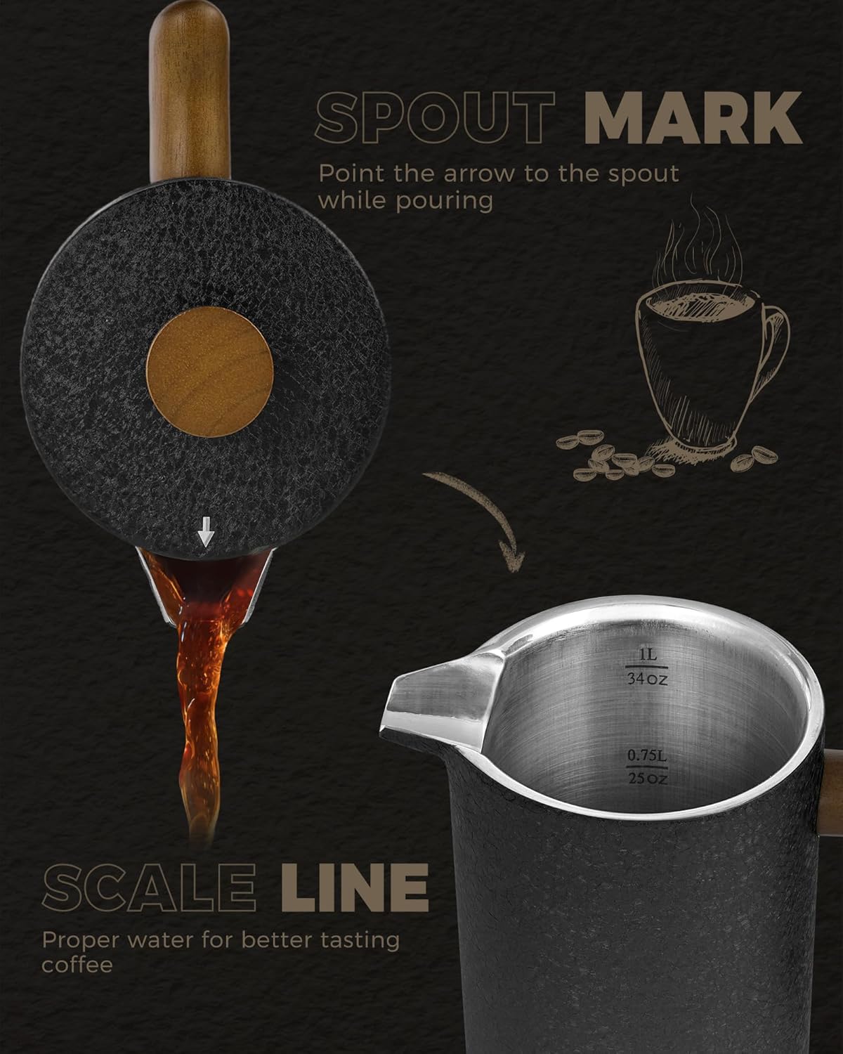 POLIVIAR French Press Coffee Maker, 34 oz Coffee Press with Real Wood Handle, Double Wall Insulation & Dual-Filter Screen, Food Grade Stainless Steel for Good Coffee and Tea JX2023-FPLB
