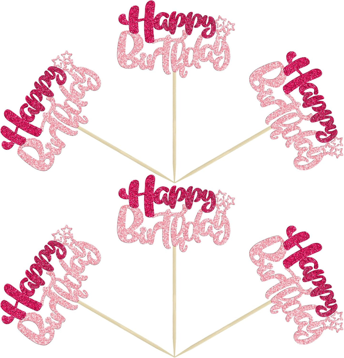 Ephlyn 24Pcs Happy Birthday Cupcake Toppers Double Layer Glitter Happy Birthday Cake Decorations for Celebrating Baby Shower Theme Kids Boys Girls Birthday Anniversary Party Supplies Rose Red Pink