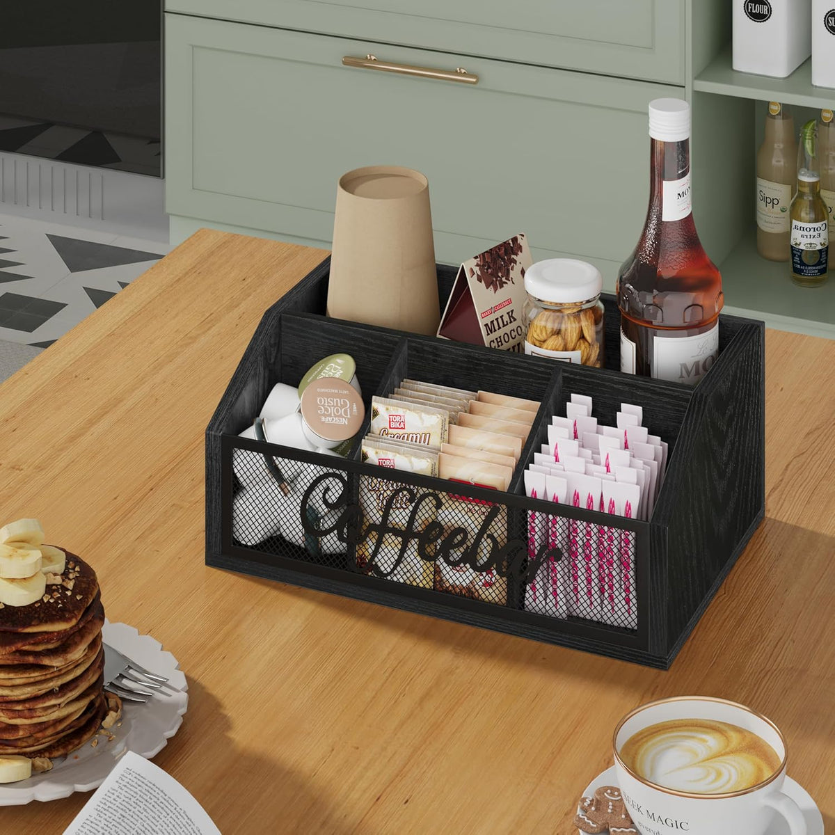 YINMIT Coffee Station Organizer for Countertop, Wood Coffee Bar Organizer with Removable Dividers for Pods, Syrup, Cups, Stirrer, Tea - Office Bar Accessories, Black