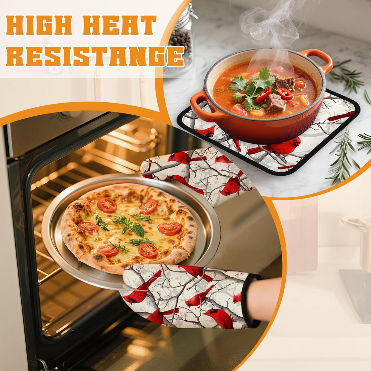 Red Cardinal Oven Mitts and Pot Holders Set,Christmas Winter Kitchen Oven Gloves and Pot Holder with Heat Resistant Non Slip for Cooking Baking Grilling(4 Piece Set)