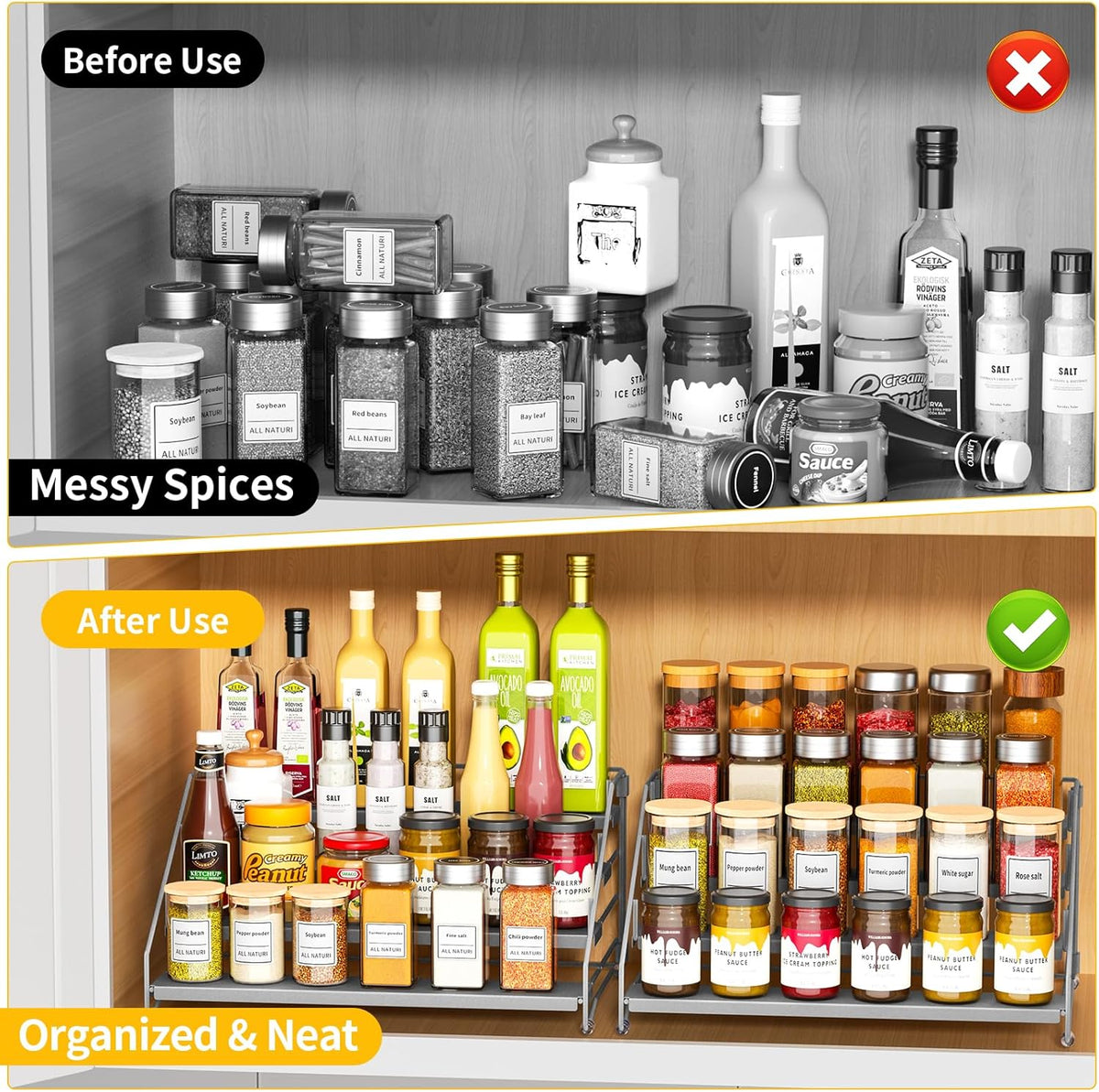 RCHYFEED 4 Tier Spice Rack Organizer, Spice Organization for Cabinet,Pantry, Countertop,Tiered Spice Rack Easy Visibility,Depth Expandable Seasoning Shelf for Kitchen Cabinet Organizer,Silver,2 PACK