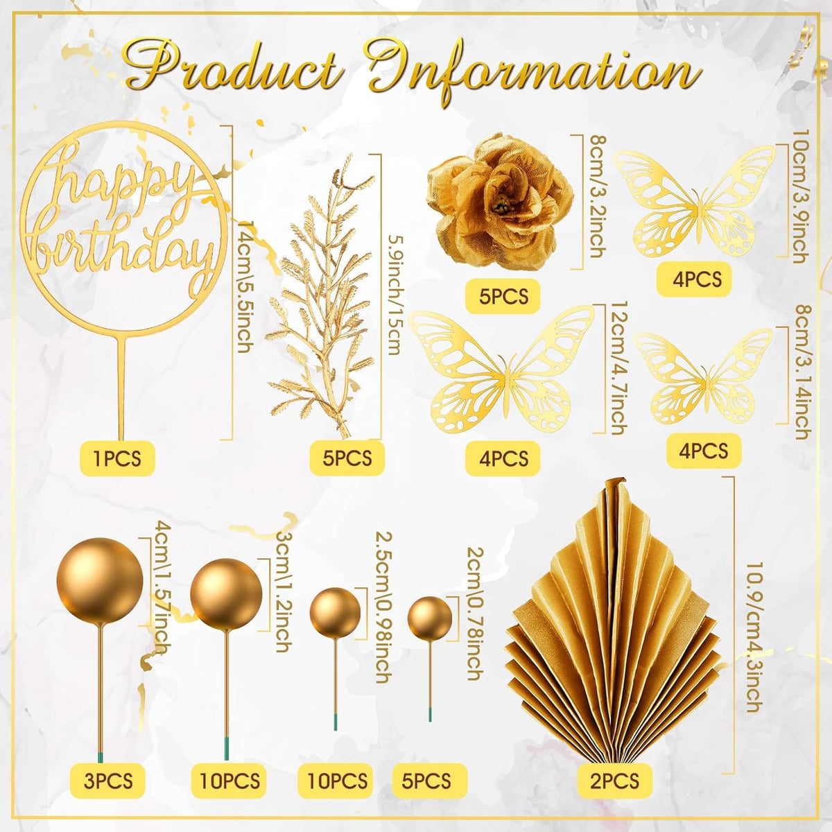 Shimeyao 52 Pcs Wedding Birthday Gold Cake Decoration Boho Cake Topper Pink Purple Flower Butterfly Palm Leaves Balls Toppers for Women Baby Shower Party Decoration(Gold)