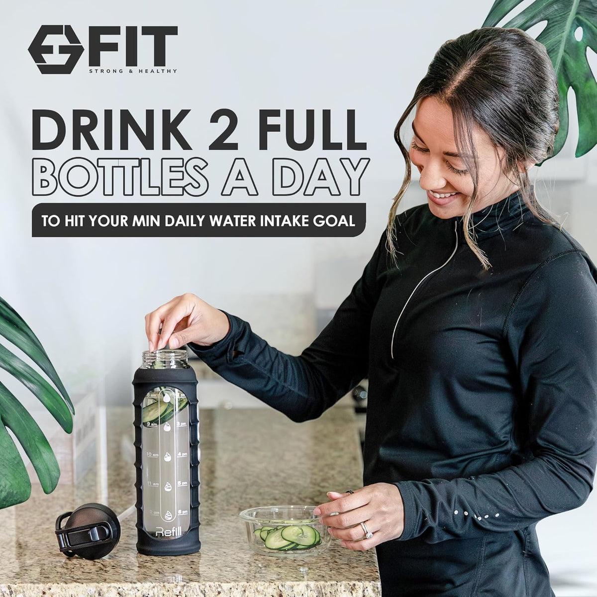 FIT Strong & Healthy 32 oz Glass Water Bottle with Straw Lid, Time Marker, Sleeve & Extra Lid - Motivational, Wide Mouth 1 Liter Glass Drinking Bottle