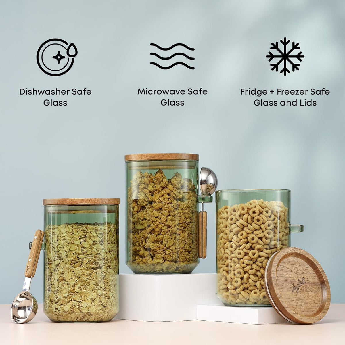 JoyJolt Holden 32oz Stackable Glass Storage Containers with Lids and Scoops, Airtight Food Canister Set of 3 w/Acacia Wood Lids, Round Stacking Pantry and Kitchen Containers w/Scoop | Sage Green