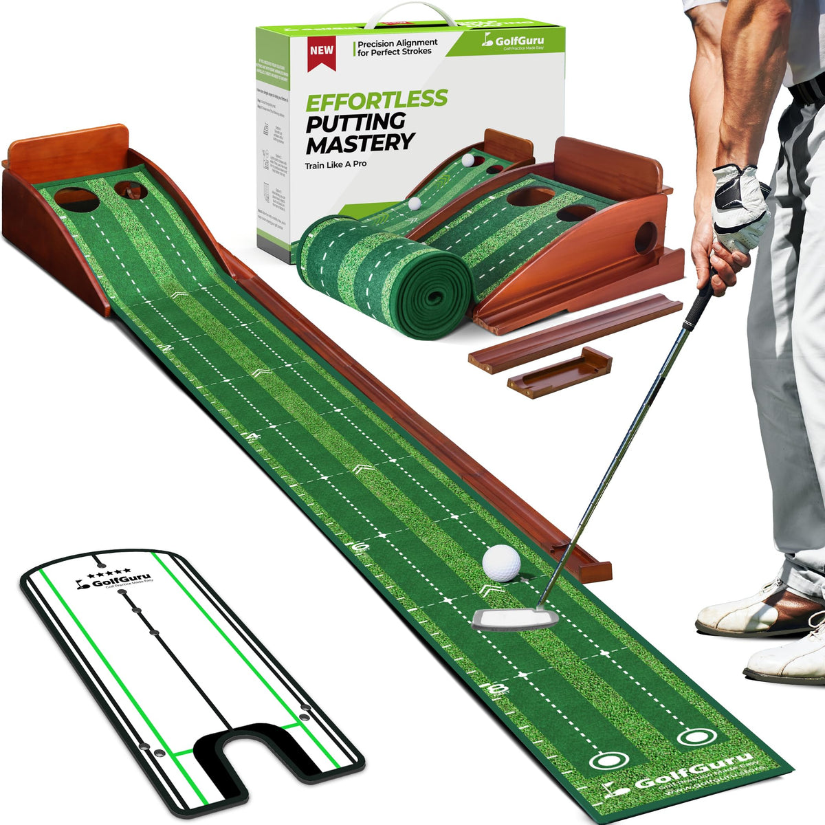 Golfguru 9.8FT Putting Green Mat, Automatic Ball Return Track & Mirror