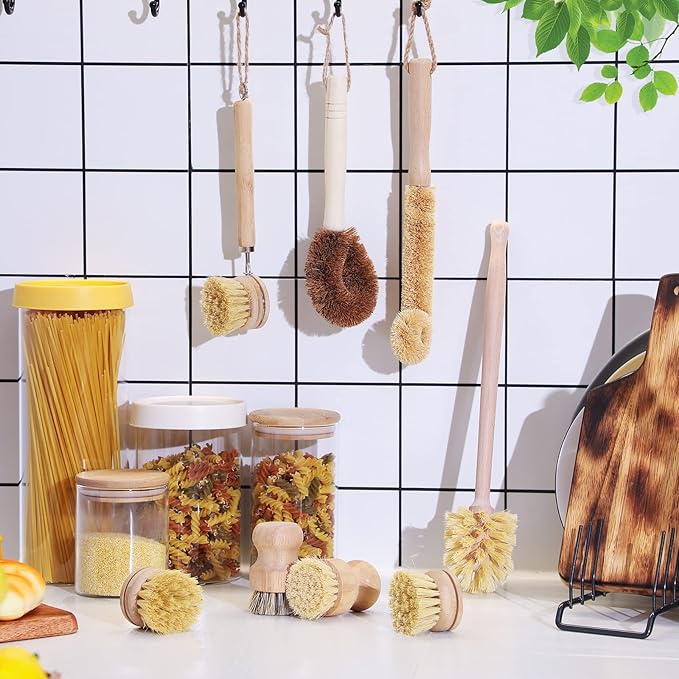 8 Pcs Bamboo Dish Brush Dish Washing Scrub Bottle Brush Wooden Palm Pot Brush Cleaning Scrubbers with Natural Sisal Bristles Long Handle for Pots Pans, Bottle, Sink, Vegetables, Household Cleaning