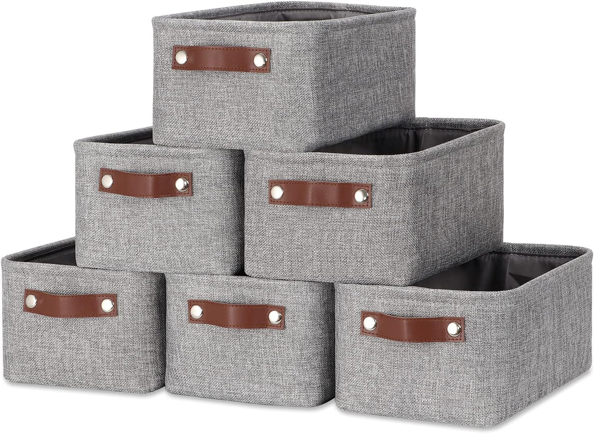 DULLEMELO Small Storage Baskets 11.8"x7.9"x5.1", Fabric Storage Bins for Shelves,Closets,Nursery,Home,Office [3 Pack], Collapsible Storage Baskets with Leather Handles (Gray)