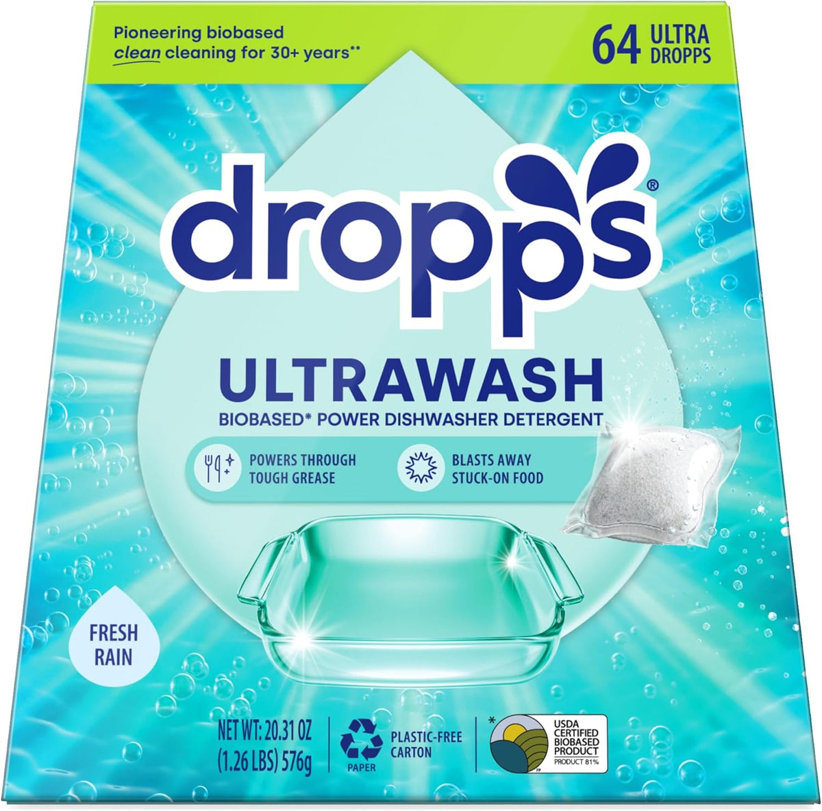 Dropps UltraWash Dishwasher Pods, Fresh Rain (64 Count) - Biobased Power Deep Clean Dishwasher Detergent Tablets for Sparkling Shiny Dishes - No Rinse Aid or Pre-Wash Needed - Dishwashing Pods