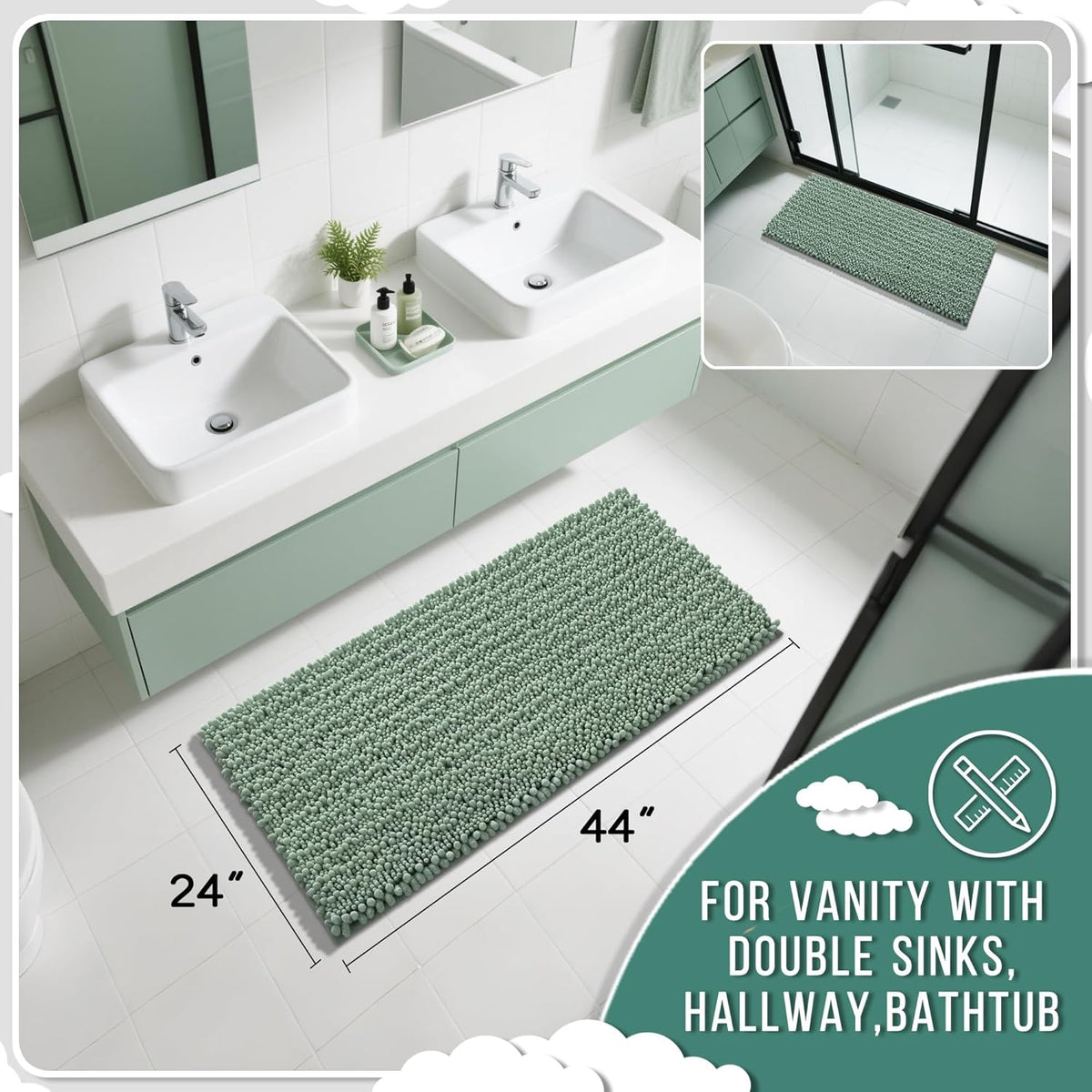 Yimobra Long Bathroom Rugs Non Slip Washable 44x24 Inch - Ultra Soft Absorbent Chenille Bath Mat, Quick Dry Shaggy Floor Carpet for Tub Shower, Green Home Decor Accessories