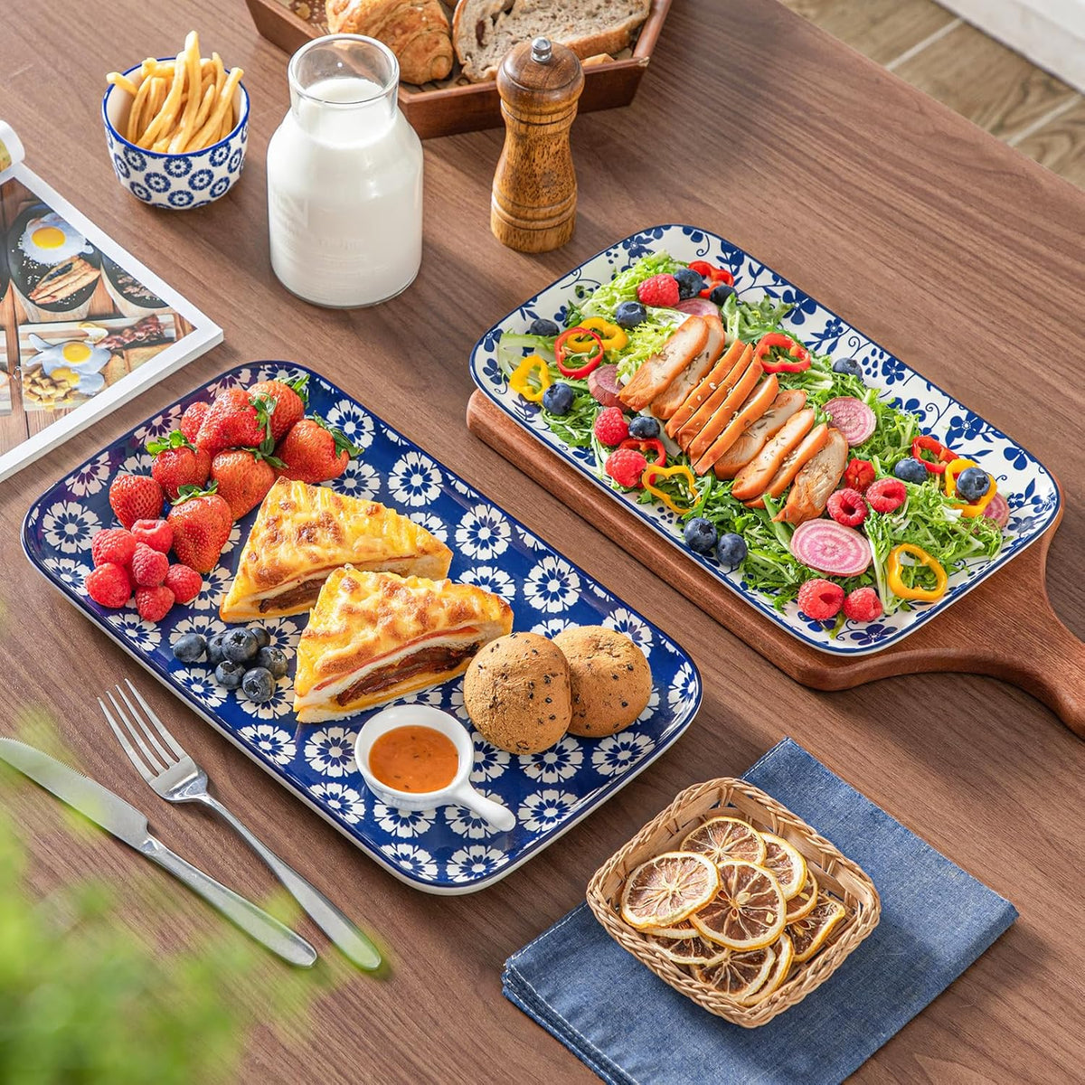 vancasso Serving Platters Set of 3, 16"/14"/12" Inch Rectangular Trays - Serving Platter Extra Large, Ceramic Serving Dish Microwave & Dishwasher Safe (Vintage Blue B)
