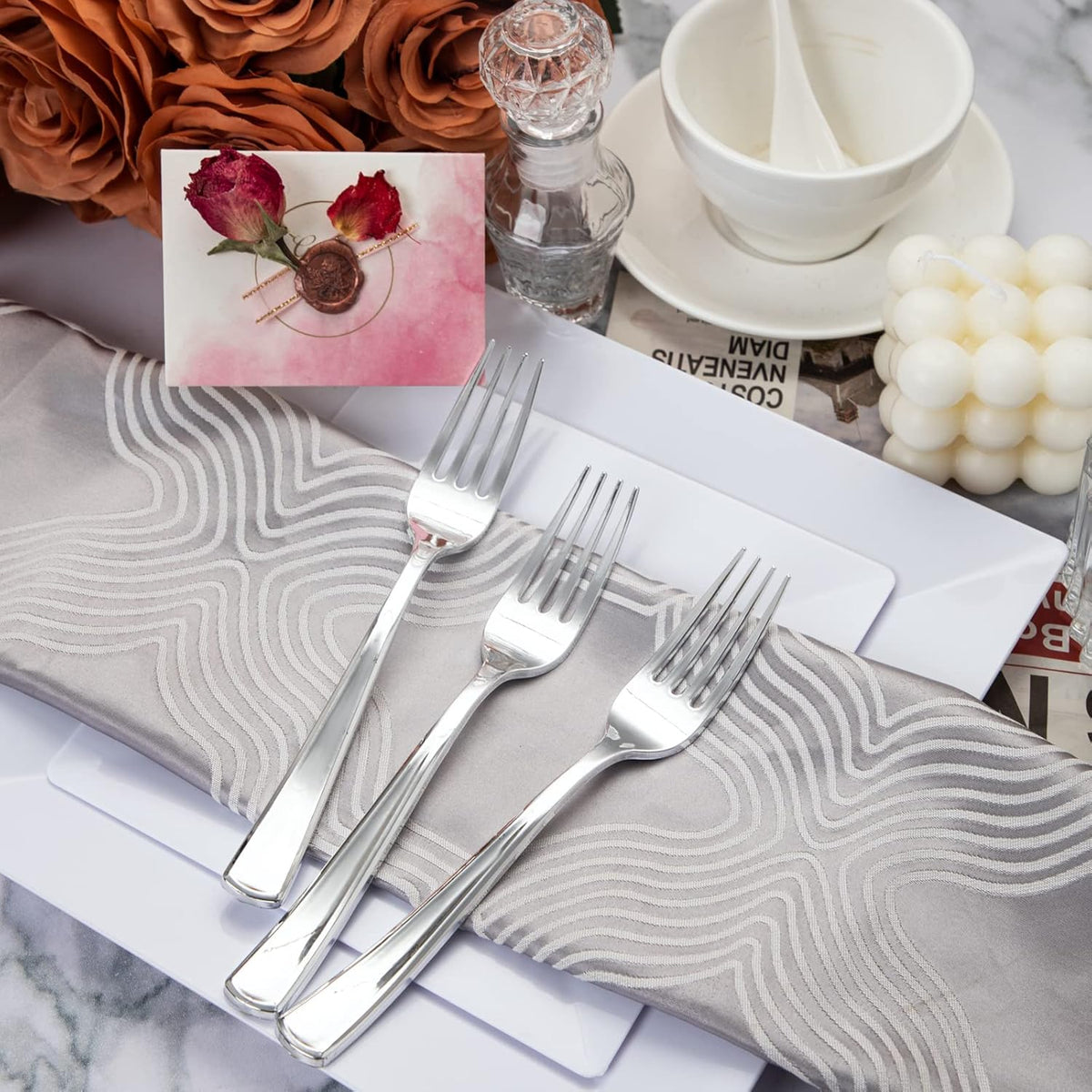 Liacere 200 Pack Silver Plastic Forks - 7.4 inch Heavy Duty Plastic Forks - Heavyweight Disposable Forks - Silver Plastic Silverware for Catering, Parties, Dinners, Valentine's Day