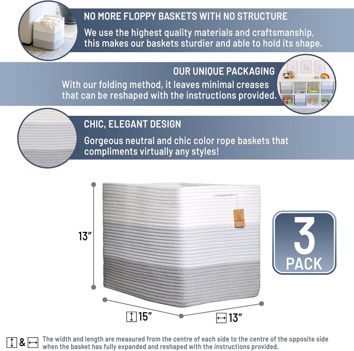 NaturalCozy 13x15x13 Kallax Storage Cubes Bins, 3 Pack | Cotton Rope Cube Storage Bin Woven Baskets for Organizing | Kallax Insert Storage Baskets for Shelves Organizer, Kids Toy, Closet Baby Nursery