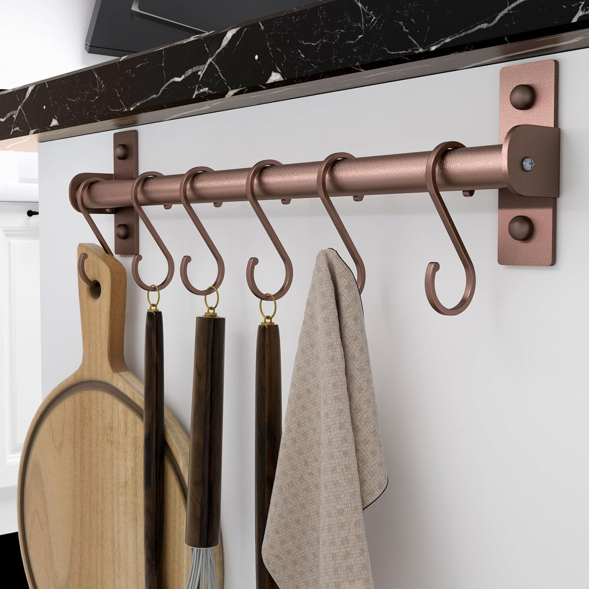 Dseap Kitchen Utensil Holder Hanger, Pot and Pan Rack Wall Mounted, Kitchen Rail with 8 Hooks for Hanging Cooking Utensils, Mugs, Spoons, Wall Mounted, Antique Copper, Pack of 2