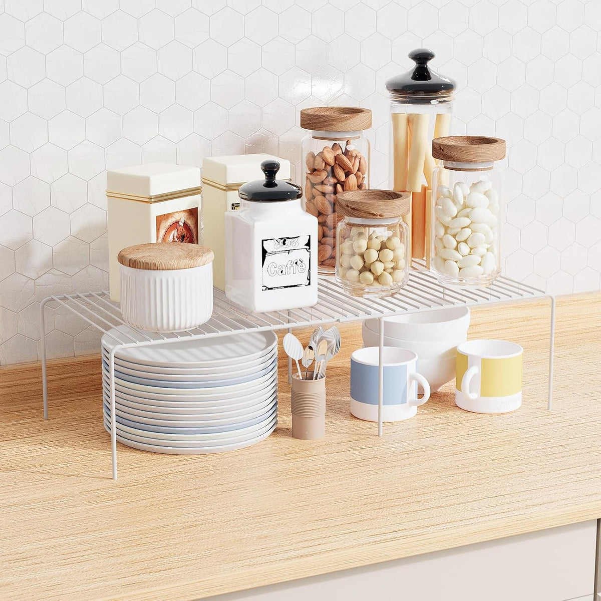 Expandable Storage Shelf, Pantry Organizers and Storage, Adjustable Rustproof Metal Wire Spice Rack, Space Saver Kitchen Storage Shelves for Pan, Pot, Countertop, Drawer, Fridge, Set of 2, White