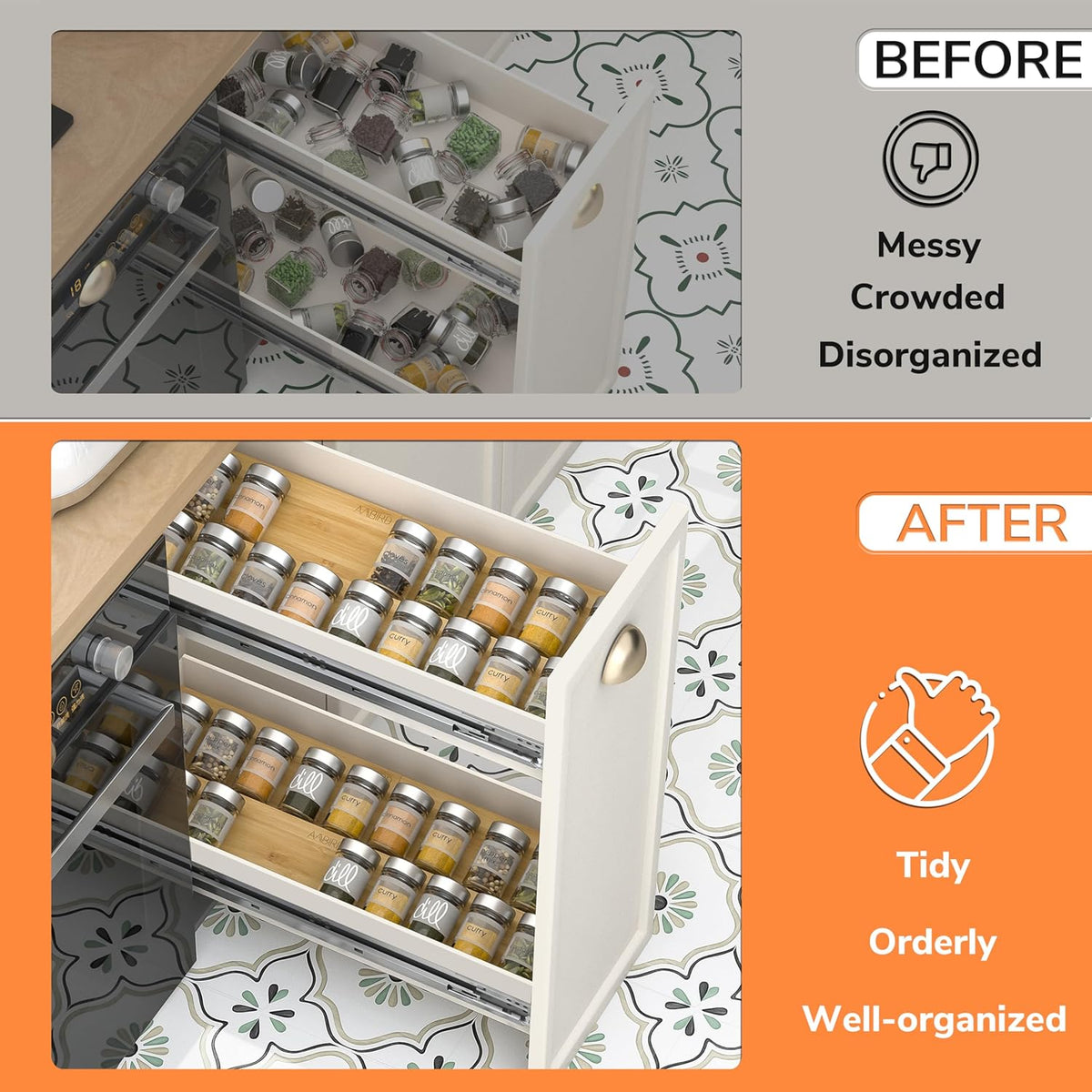 AMBIRD Bamboo Spice Drawer Organizer with Non-slip Mat, 4 Tier Jar Spice Rack Tray 13'',Seasoning Organizer for Kitchen,Cabinet,Drawers,Countertop