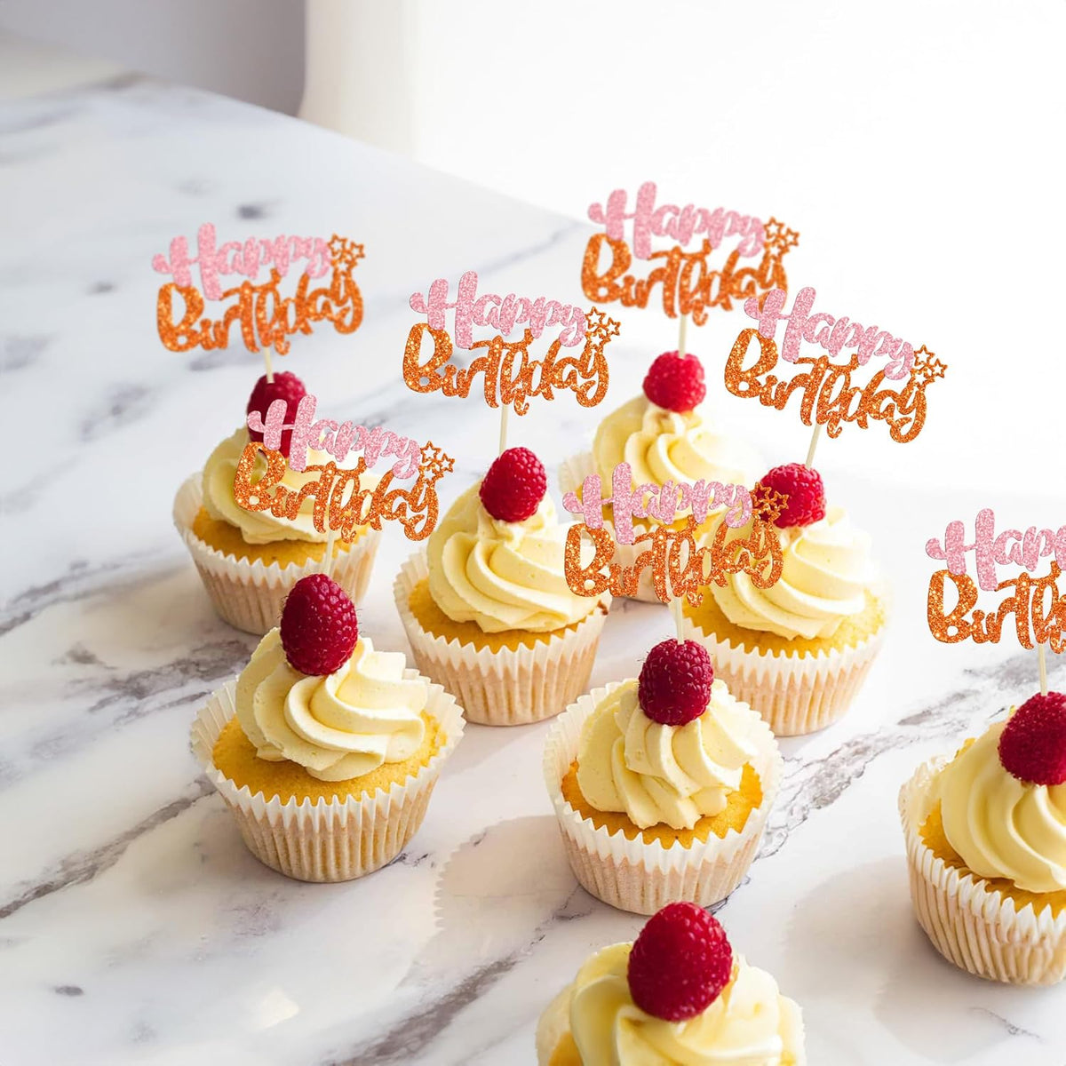 Ephlyn 24Pcs Happy Birthday Cupcake Toppers - Double Layer Glitter - Pastel Pink Orange - Perfect for Birthday, Baby Shower & Anniversary Parties