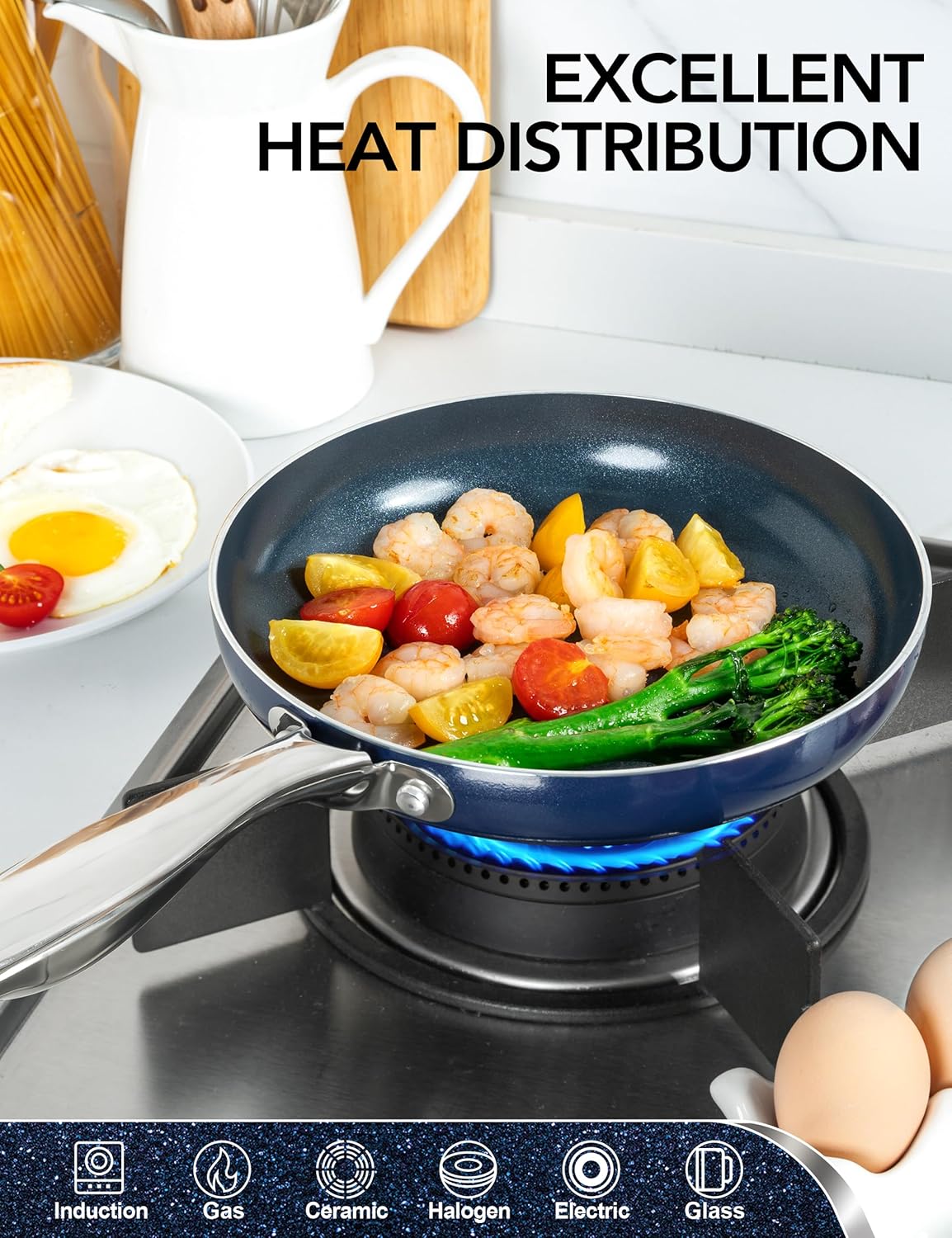MICHELANGELO 10 Inch Frying Pan with Lid, Blue Frying Pan with Nonstick Diamond Infused Coating, Nonstick Frying Pans, Diamond Fry Pan Blue