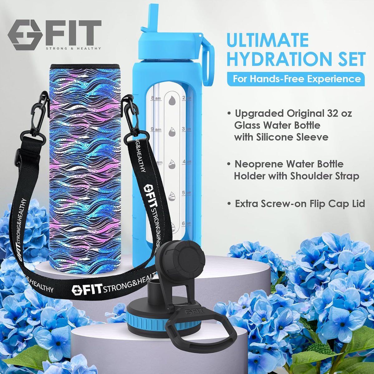 FIT Strong & Healthy 32 oz Glass Water Bottle with Straw Lid, Time Marker, Sleeve & Extra Lid - Motivational, Wide Mouth 1 Liter Glass Drinking Bottle