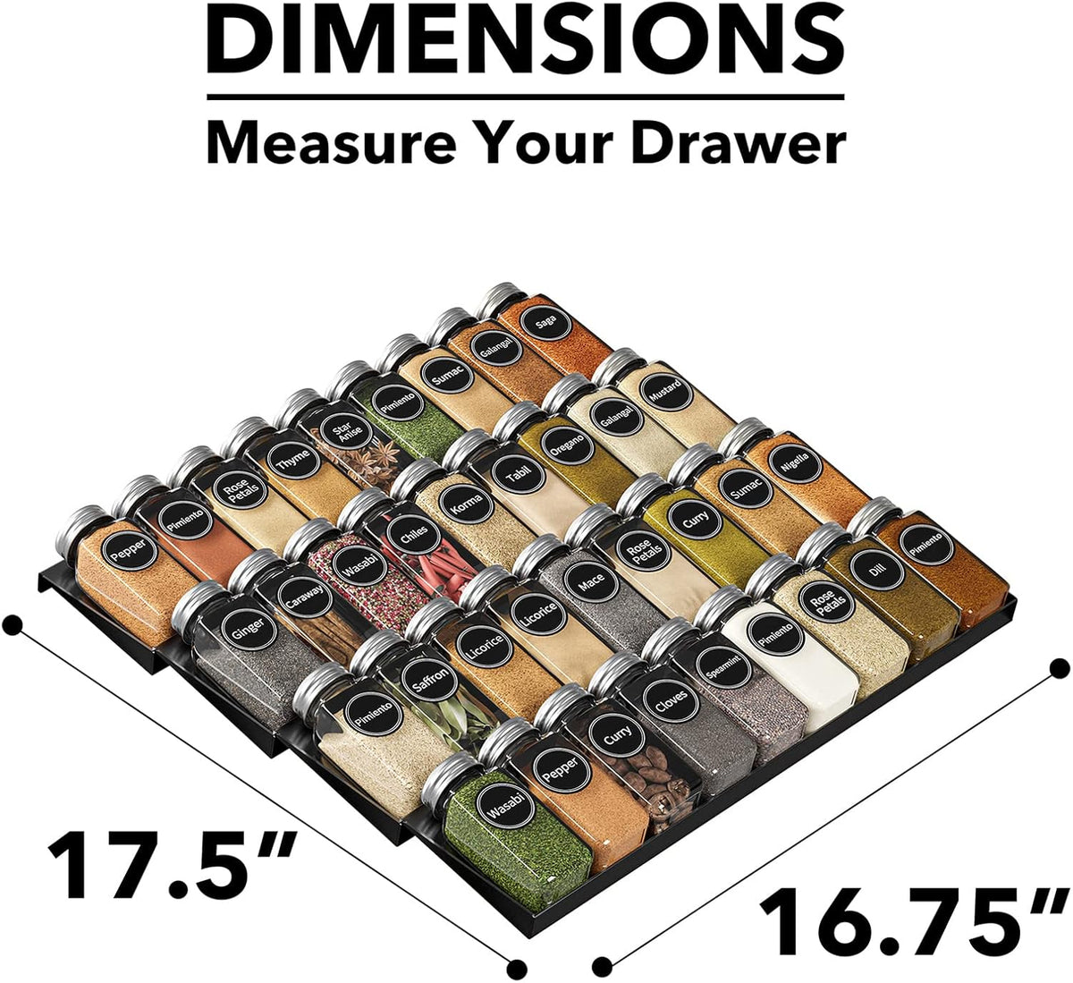 SpaceAid Spice Drawer Organizer with 36 Spice Jars, 386 Spice Labels, 4 Tier Seasoning Rack Tray Insert for Kitchen Drawers, 16.75" Wide x 17.5" Deep