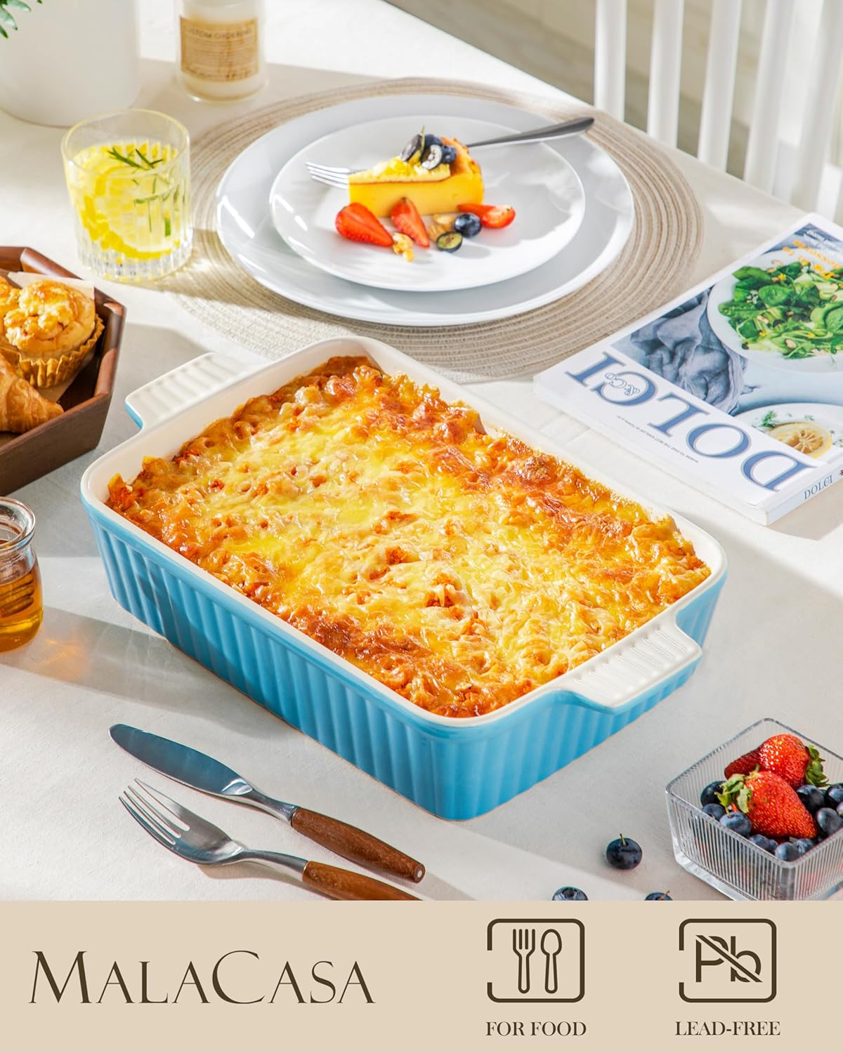 MALACASA 4.4 QT Baking Dish, 9x13 Large Casserole Dish for Oven, Ceramic Baking Pan, Rectangular Lasagna Pan Deep with Handles for Baking, Durable Microwave Oven Safe, Blue, Series BAKE-BAKE