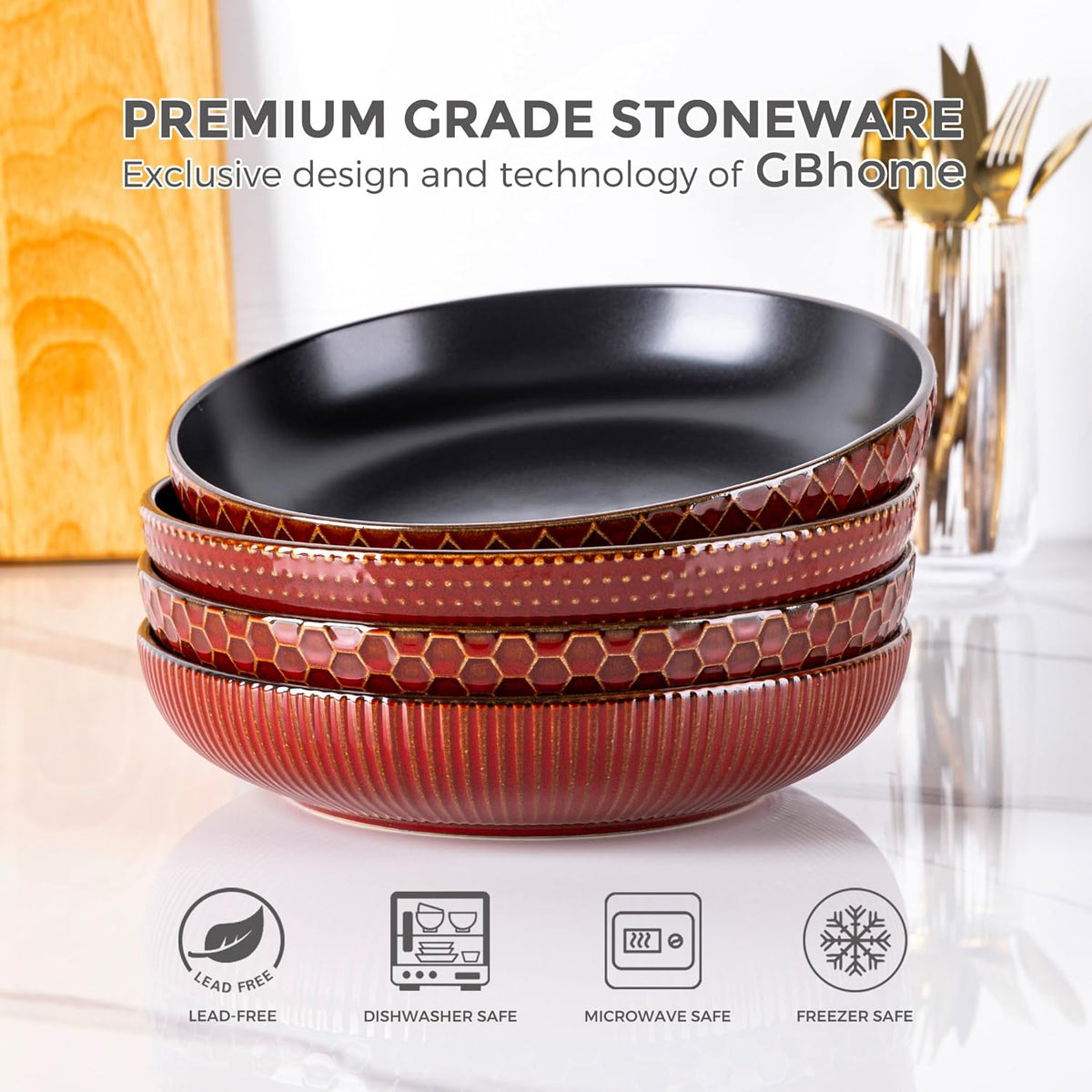 GBHOME 9.5'' Large Pasta Bowls, 42 Ounce Stoneware Salad Bowls for Kitchen, Ceramic Serving Bowls With Textured Pattern for Pasta,Fruit, Stews,Noodle, House-warming Gift, Set of 4-Rythmic Red