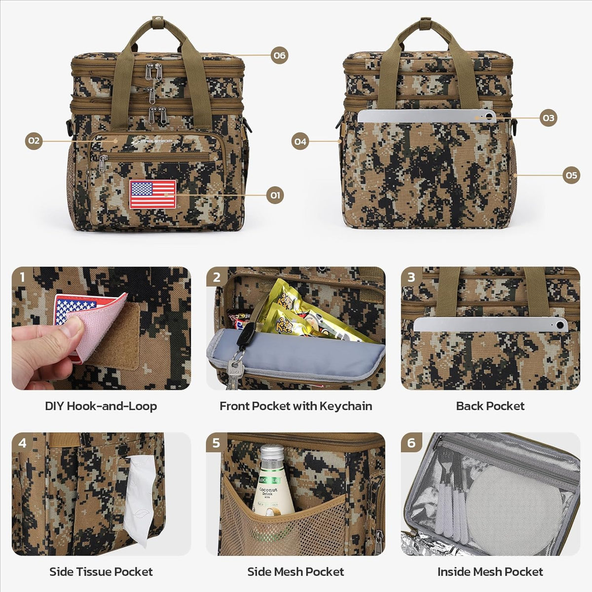 Maelstrom Tactical Lunch Box for Men, 23L Insulated Lunch Bag, Expandable Double Deck Cooler Bag, Lightweight Leakproof Tote Bag With Side Tissue Pocket, Suit For Men and Women, Camouflage