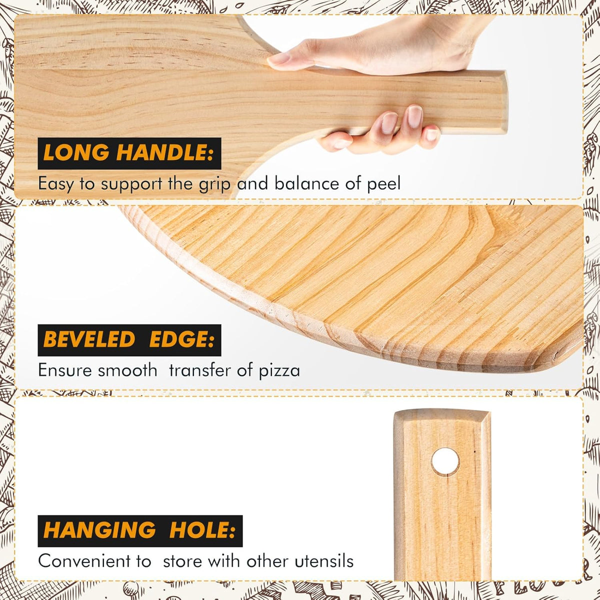 2 Pack Wooden Pizza Peel, 16 x 14 Inch Large Pizza Paddle Set with 8 Inch Wooden Handle for Oven, Stone, Pan or Grill, Spatula for Baking Bread and Cake - Indoor & Outdoor