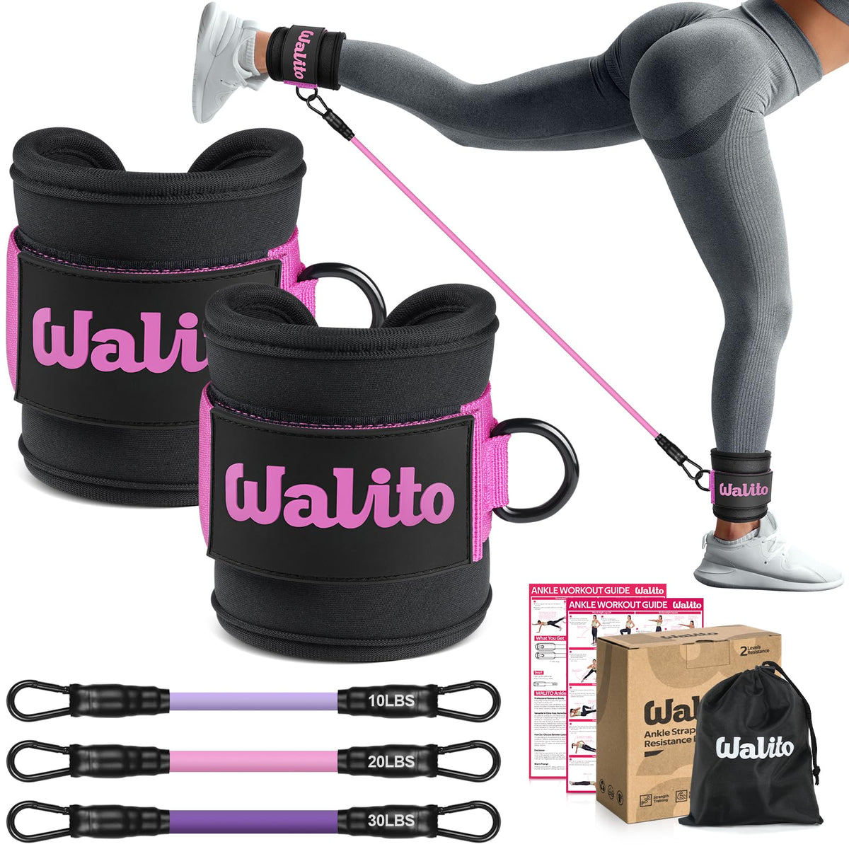 WALITO Ankle Resistance Bands with Cuffs, Ankle Bands for Working Out, Ankle Straps for Women, Exercise Bands for Legs and Butt, Booty Workout Equipment for Kickbacks Hip Fitness Training