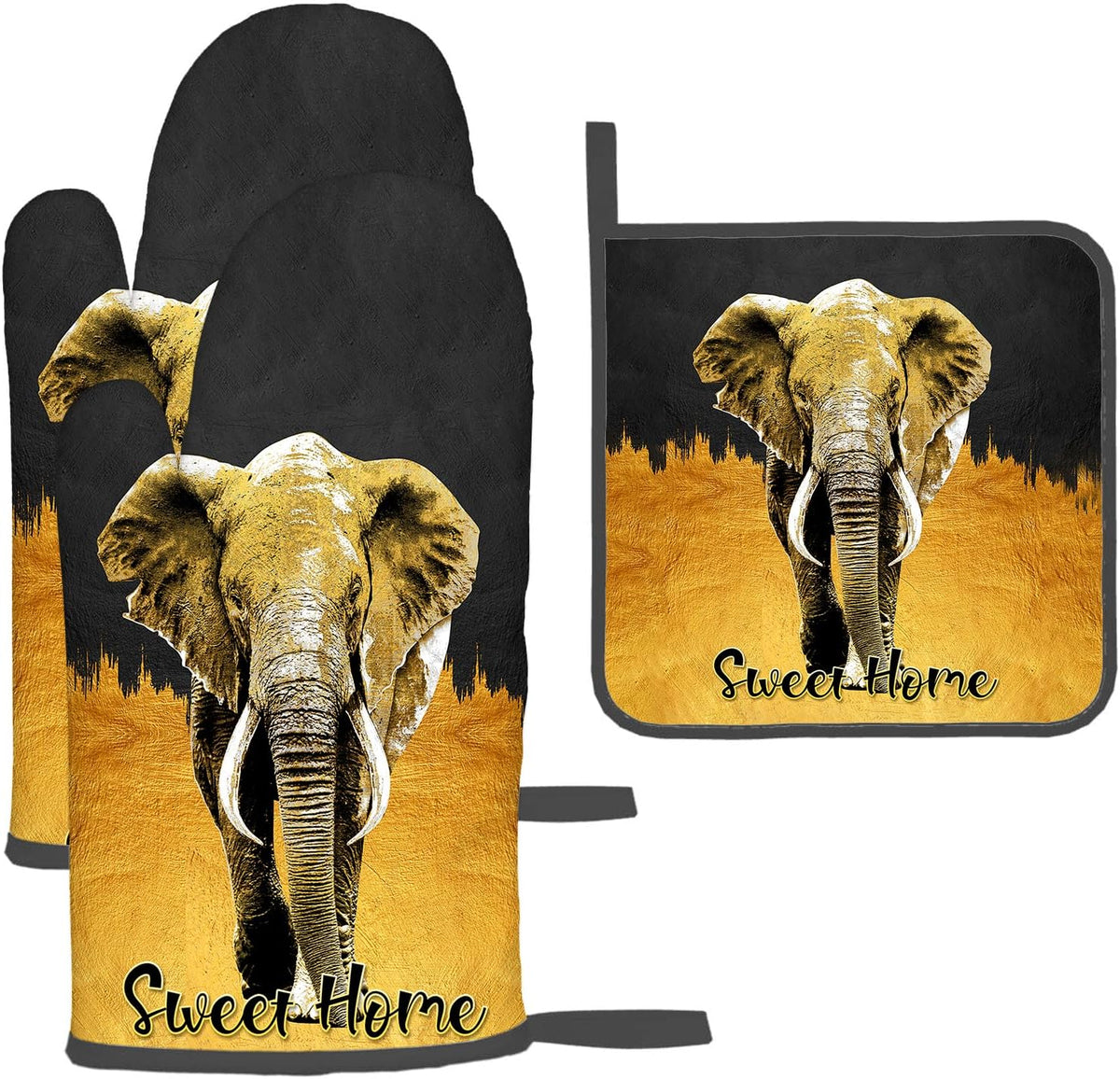 Elephant Oven Mitts and Pot Holders Sets of 3 Black Gold Hot Pads Oven Gloves Heat Resistant Non Slip Washable for Kitchen Cooking Grilling Baking