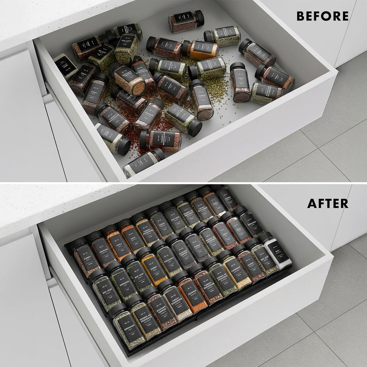 Spice Drawer Organizer - Expandable Spice Rack for Drawer, Black Seasoning Organizer for Drawer Spice Organizer, Spice Organization Seasoning rack insert for Cabinet (Jars Not Included)