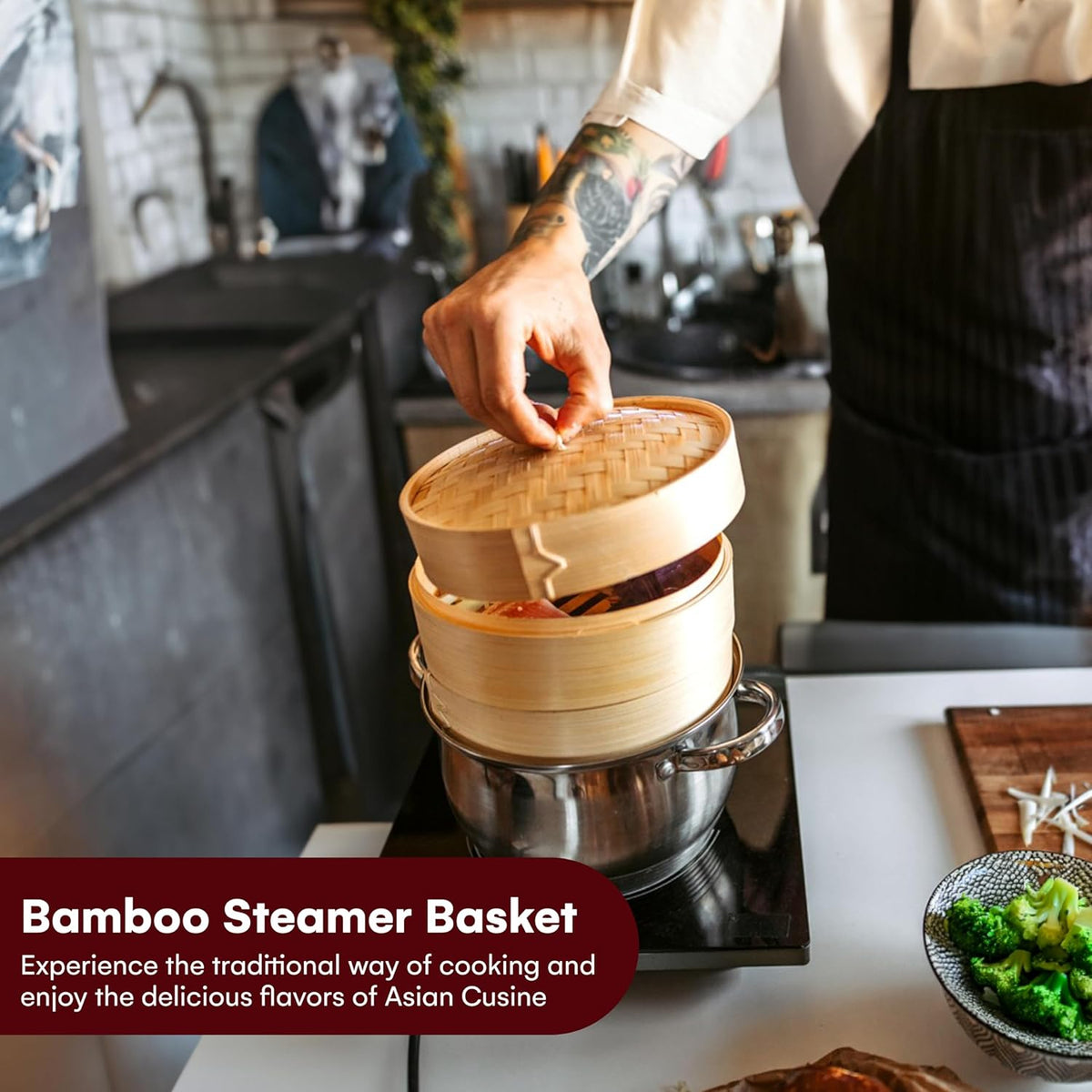 Vdomus Bamboo Steamer Basket - 10 inch Dumpling & Bun Steamer with Chopsticks - Natural Wood, Brown, Round Shape