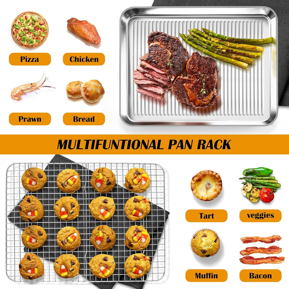 P&P CHEF Baking Oven Pan with Wire Rack, Stainless Steel Baking Oven Sheet Tray, Bacon Pan and Cooling Rack for Cooking Roasting Cookie, Dishwasher Safe & Easy Clean, 17.5 x 13 x 1 Inch