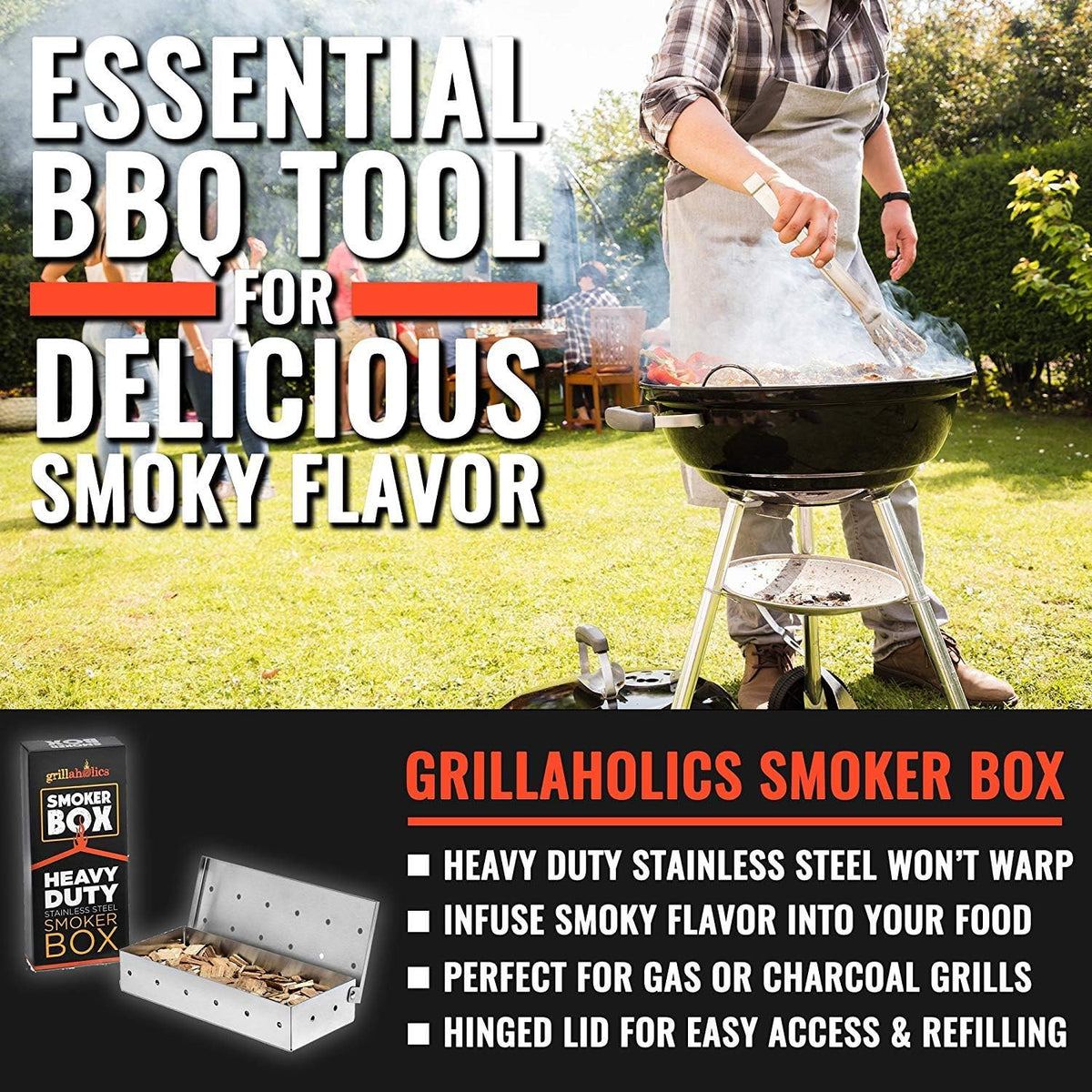 Grillaholics Smoker Box for Gas Grill & Charcoal Grill – Large Stainless Steel Wood Chip Smoker Box for Smoking Meat – Grilling Accessories for BBQ Lovers – Grill Smoker Box Gift for Men