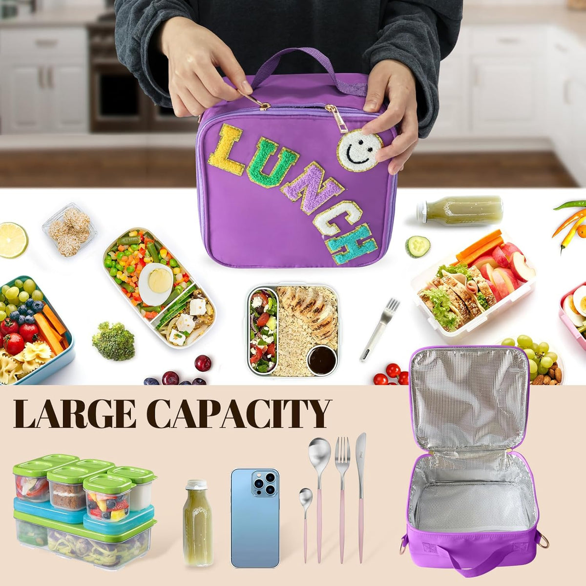 Insulated Lunch Bag With Adjustable Shoulder Strap, Nylon Preppy Lunch Box Large Insulated Lunch Bag Reusable Lunch Tote Bag with Smiley Preppy LunchBag for Girls School Travel Picnic (Dark purple)