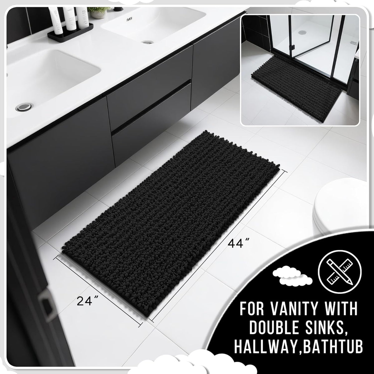 Yimobra Long Bathroom Rugs Non Slip Washable 44x24 Inch - Ultra Soft Absorbent Chenille Bath Mat, Quick Dry Shaggy Floor Carpet for Tub Shower, Black Home Decor Accessories