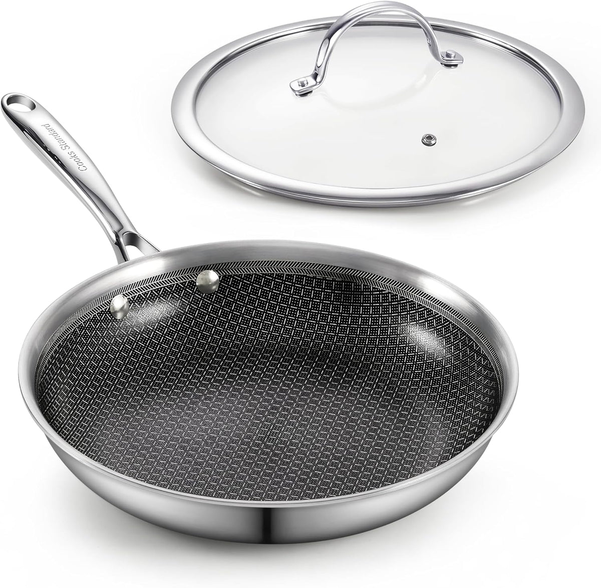 Cooks Standard Hybrid Nonstick Frying Pan, 10-Inch Skillet, Multi-Ply Clad Stainless Steel Fry Pan with Tempered Glass Lids, Oven Safe, Compatible with All Stovetops