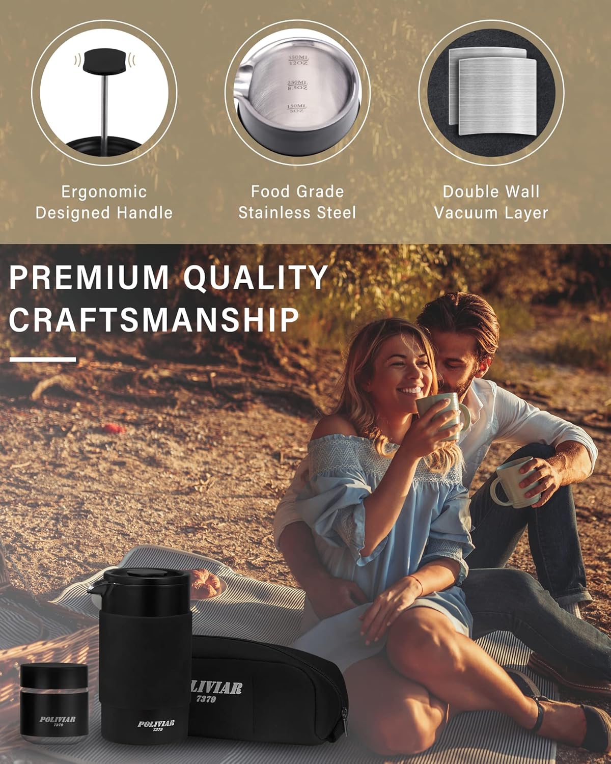 POLIVIAR French Press Coffee Maker, 12 oz Portable French Press with Mini Canister and Collection Bag, Double Wall Insulation & Dual- Filter Screen, Food Grade Stainless Steel for Coffee