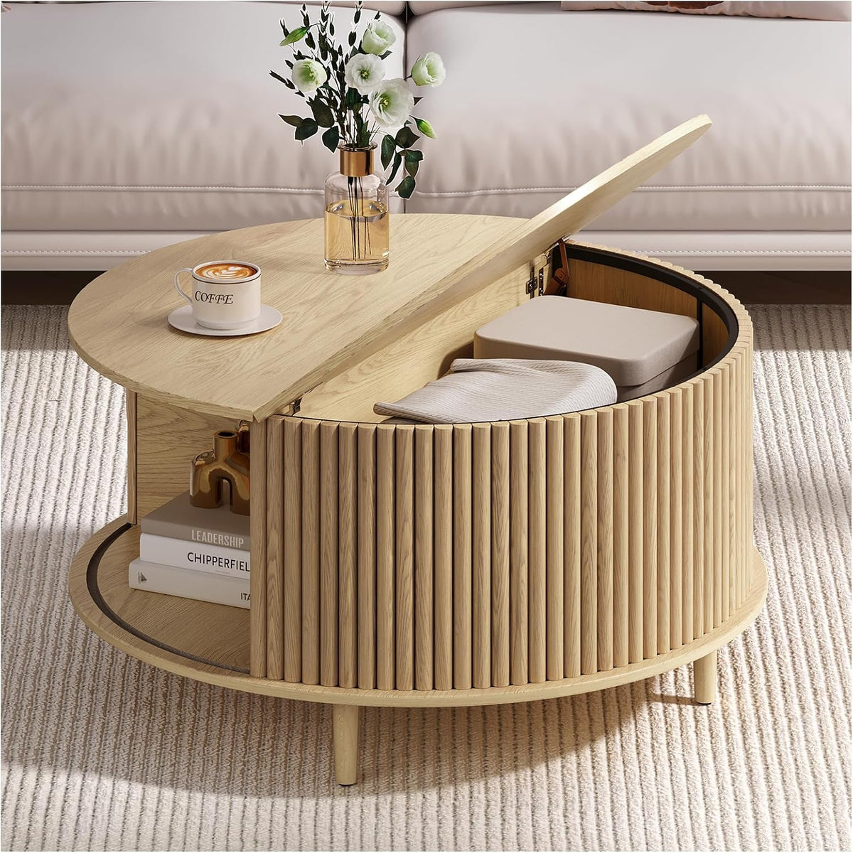 Round Coffee Table with Storage,31.5" Mid Century Modern Coffee Table with Hidden Compartment,Fluted Center Table for Living Room,Home Small Space,Oak