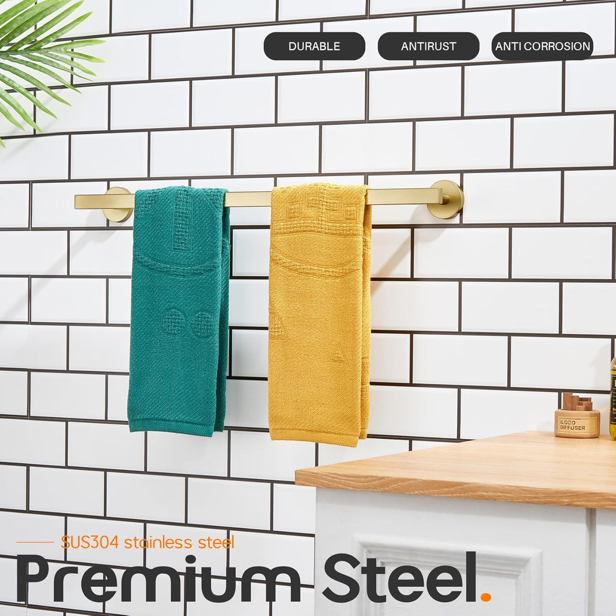 24 Inch Bathroom Towel Bar Bath Towel Rack Kitchen Towel Holder Towel Rails Wall Mounted SUS304 Stainless Steel 2 Pack Brushed Gold AN4001GD-L24-P2