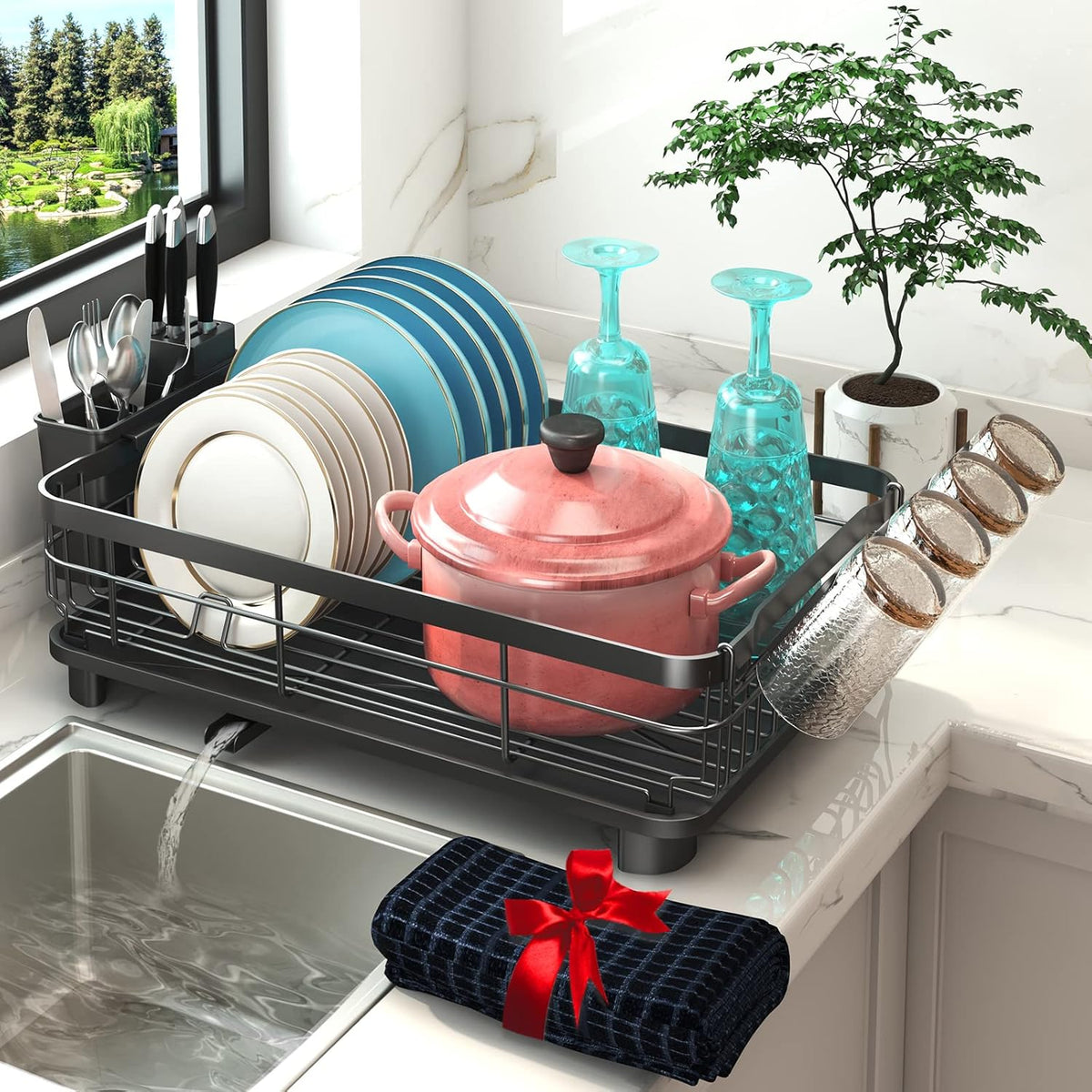 Godboat Dish Drying Rack, Dish Rack with Auto-Drain & Mat, Dish Drainers for Kitchen Counter, Glass Organizer for 4 Cups, 3 Slots Utensil Holder,Gifts for Women Mothers Day, Kitchen Gadgets & Decor