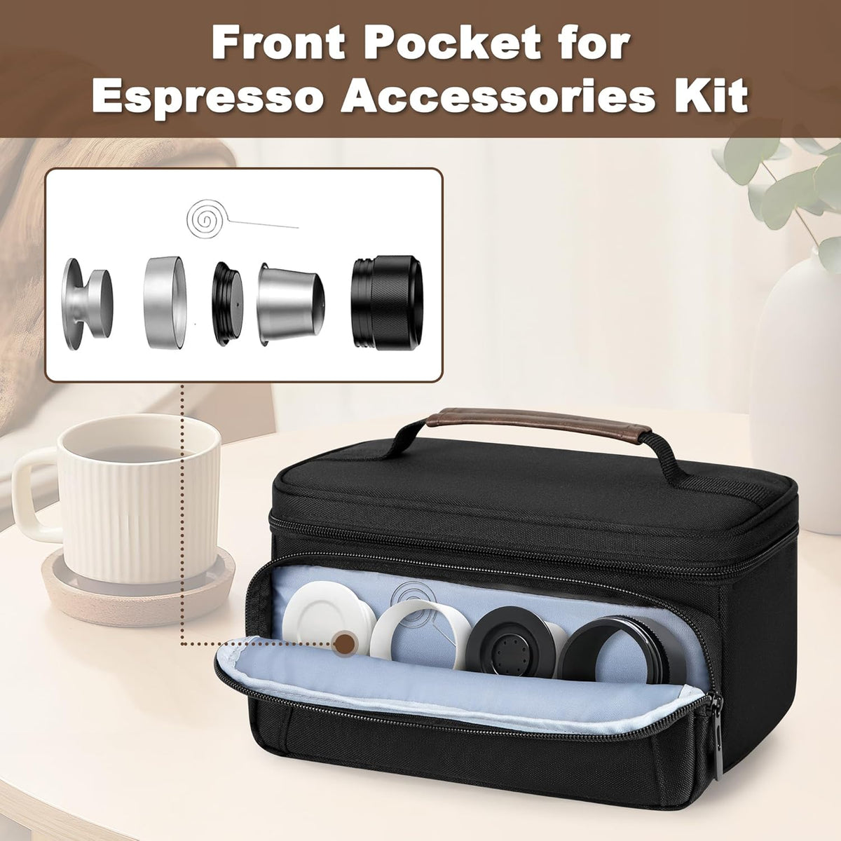 CURMIO Carrying Case Compatible with OutIn Nano Portable Electric Espresso Machine, Camping Coffee Maker Travel Bag with Pockets for Capsules and Accessories, Black