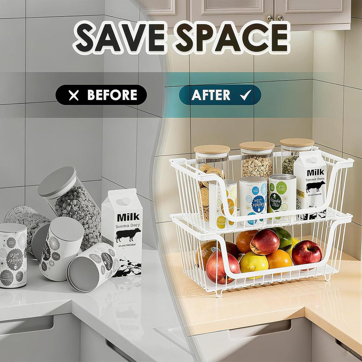 4 Pcs Stackable Wire Baskets for Pantry Organizers and Storage,Vegetable Fruit Basket for Countertop,Kitchen Storage Metal Baskets,Produce Potato Onion Storage Bin,White
