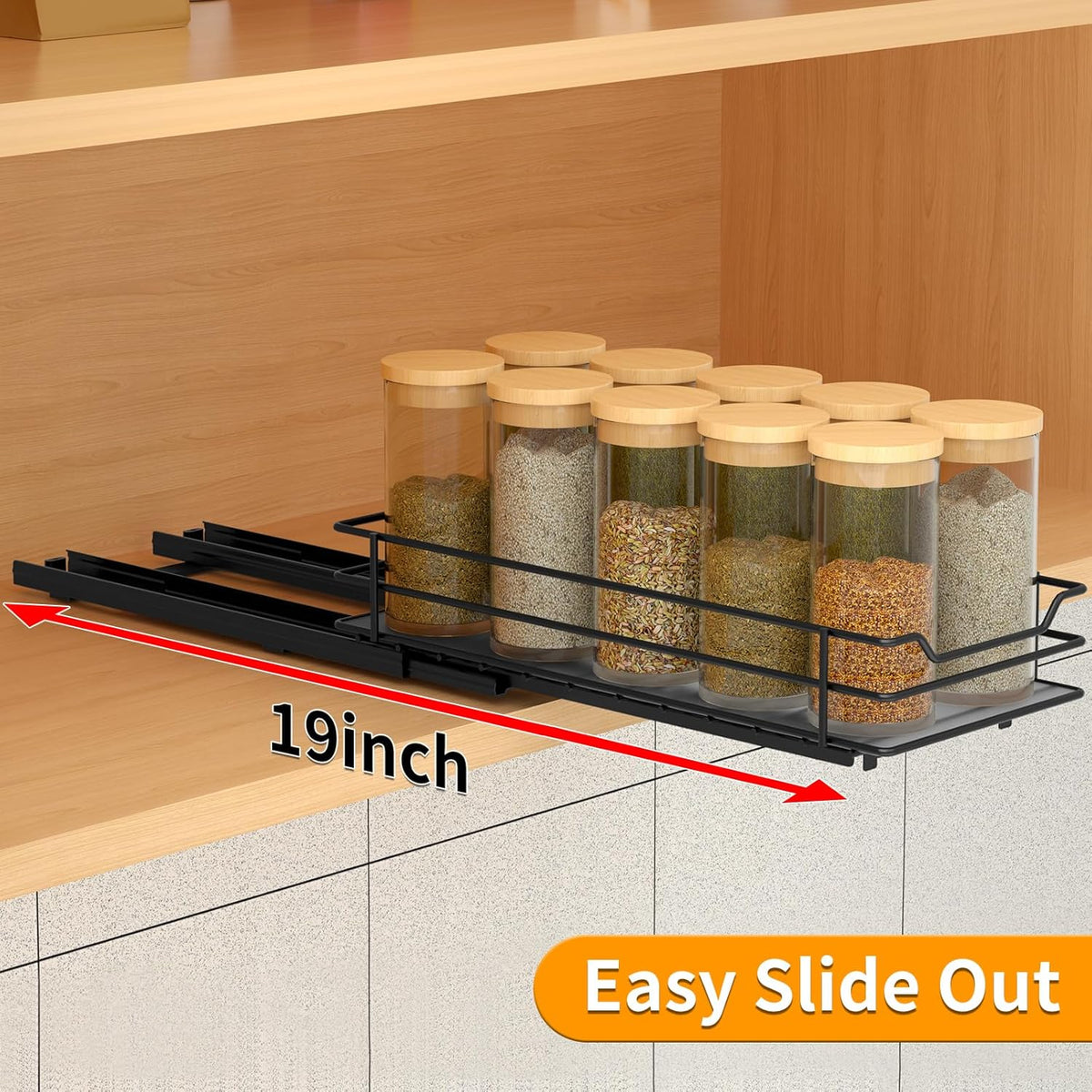 Pull Out Spice Rack Organizer for Cabinet, Heavy Duty Slide Out Spice Rack Organizer for Kitchen Cabinets and Pantry, Fits Spices, Sauces, Canned Food (4.5''Wx10.5''Dx2.5''H)