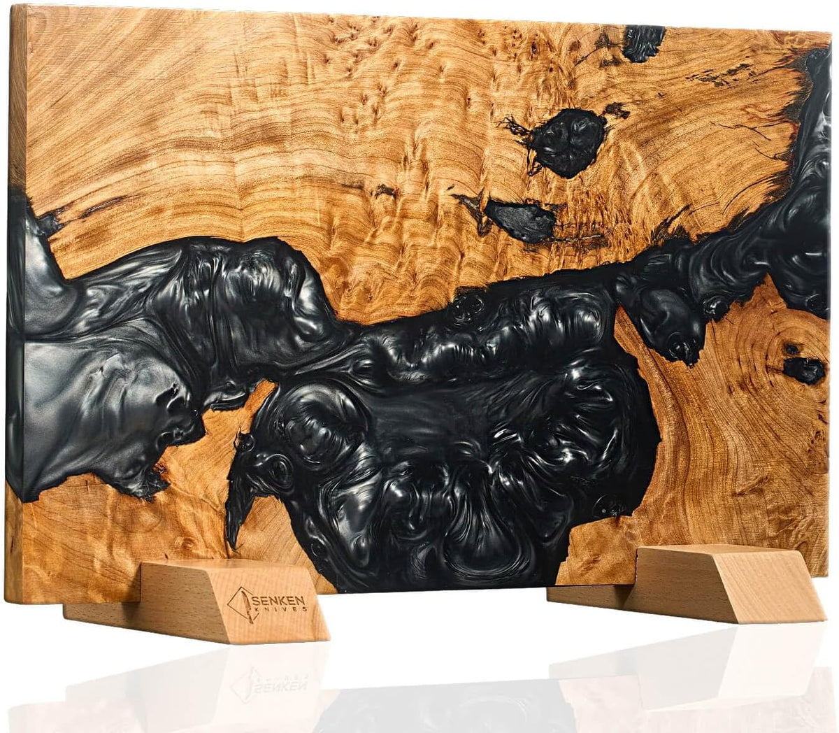 SENKEN "Black Tsunami" Extra Large Magnetic Knife Block - Holds Up to 16 Knives - Knife Block without Knives, Universal Knife Holder, Beautiful Dark Resin & Natural Wood Blend (Black Resin)