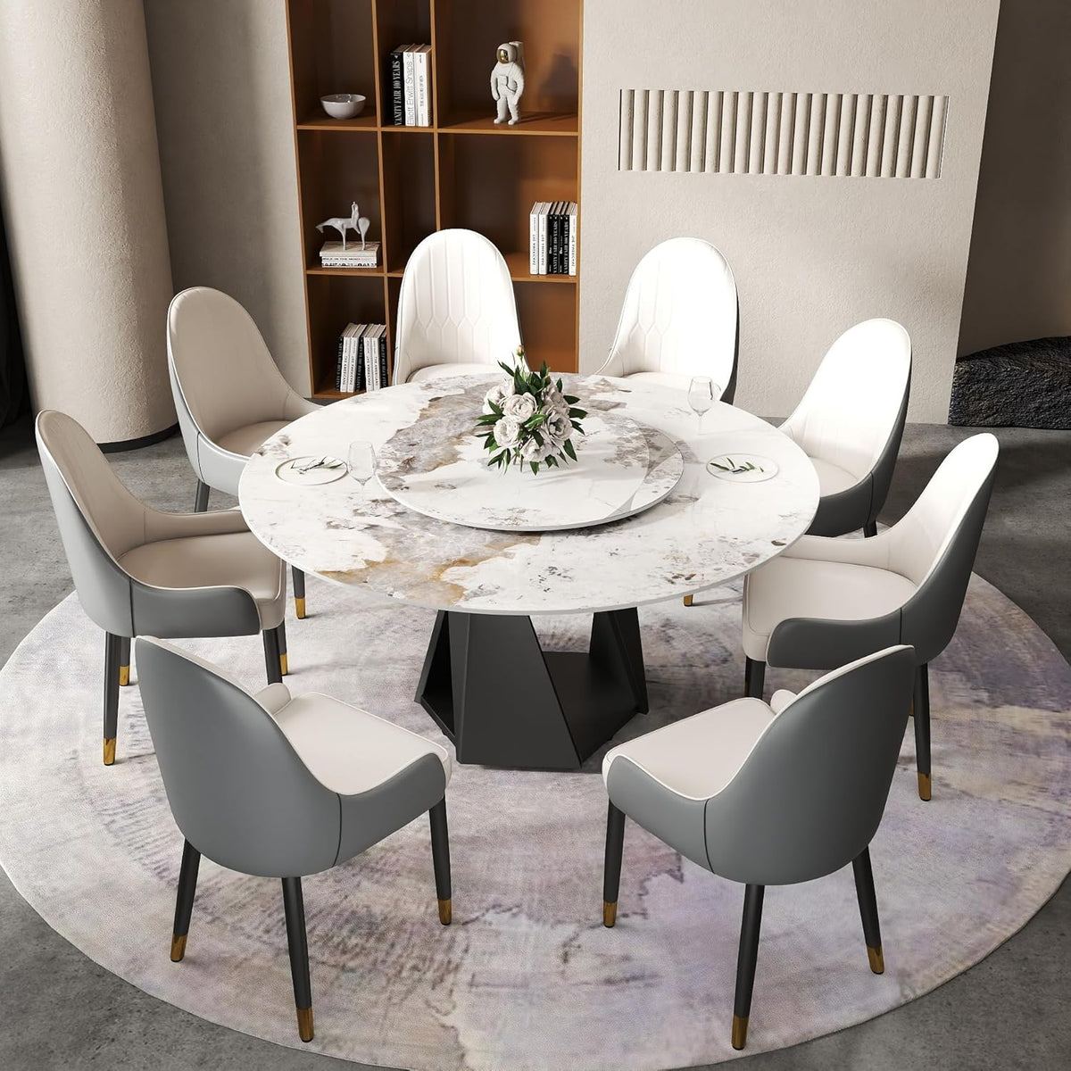 Montary 9 Piece Dining Table Chairs Set, Modern Dining Table Set of 8, Includes 59" D Marble Round Table with Black Iron Metal Base, 8 Gray White Dining Chairs for Home, Kitchen