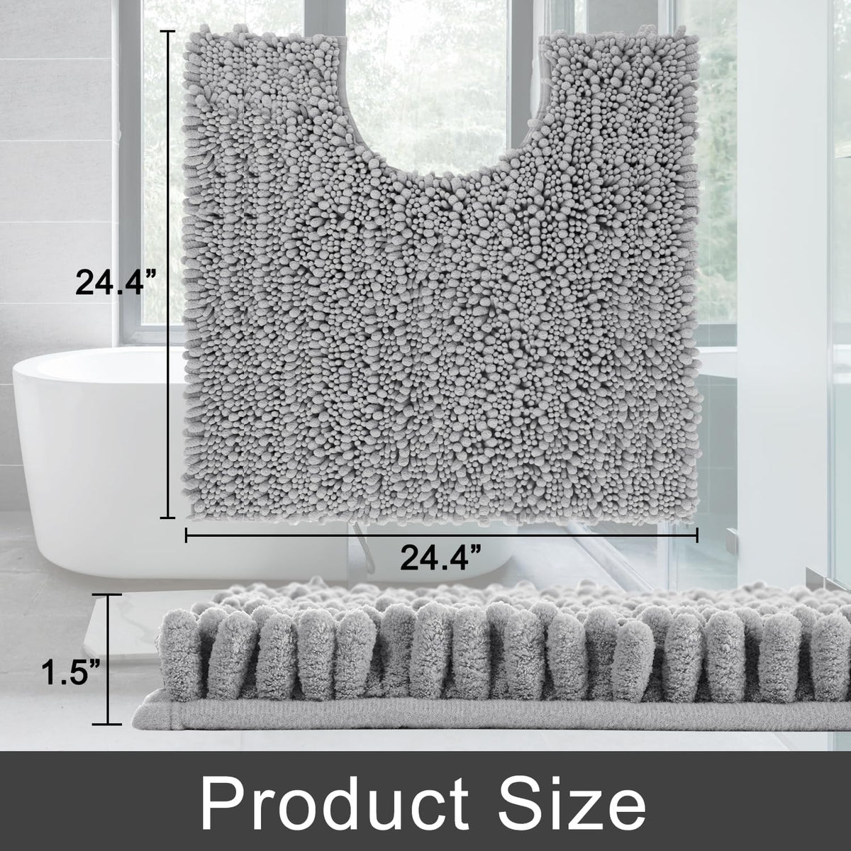 Yimobra Toilet Rug U Shaped Washable 24x20 Inch - Ultra Soft Absorbent Chenille Bath Rugs for Toilet, Quick Dry & Machine Washable, Non Slip Contour Bathroom Mat, Gray
