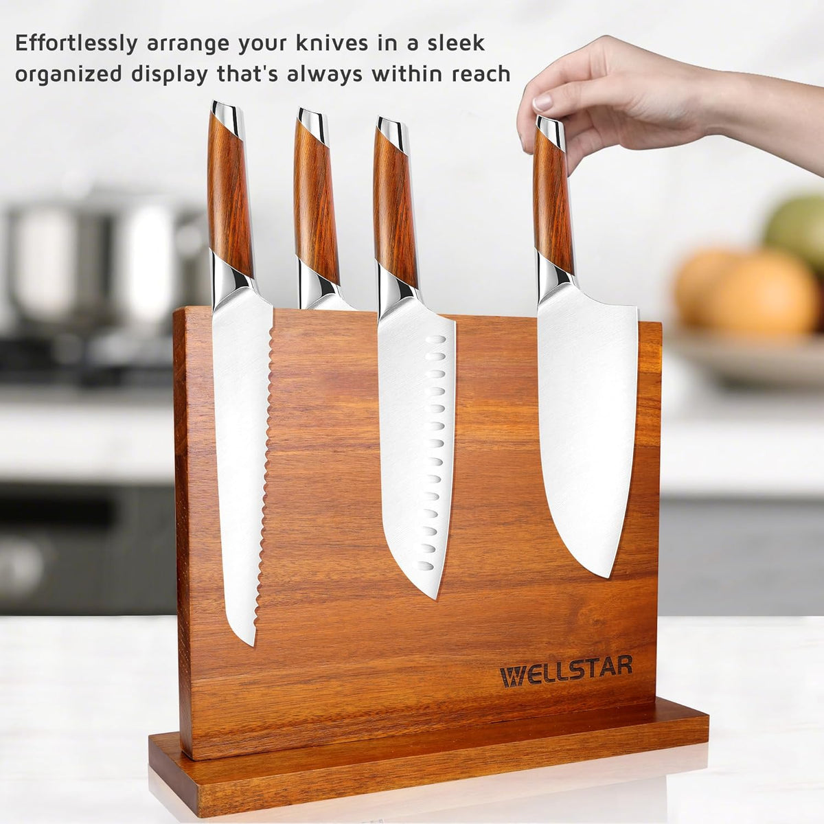Modern Acacia Magnetic Knife Block Holder 12 x 10 Inches, Large Dual-Sided Strong Magnet Wood knives Stand, Luxurious Kitchen Counter Rack Organizer for a Stable and Stylish Cutlery Display