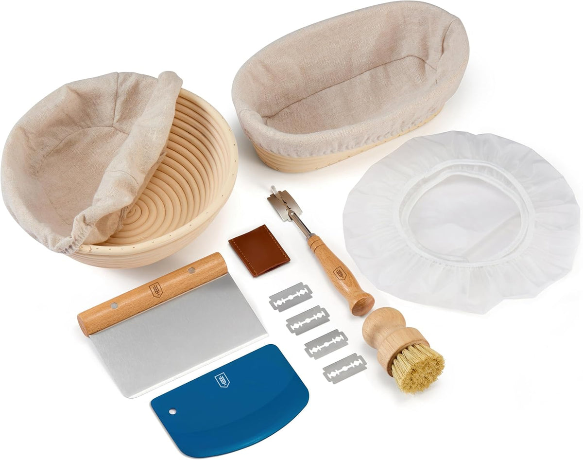 Bread Proofing Set, by Kook, Sourdough Bread, Rattan Baskets and Liners, 1 Round and 1 Oval Banneton Basket, Dough Scrapers, Scoring Lame & Case, 4 Blades, Brush, Plastic Dough Cover, Set of 2