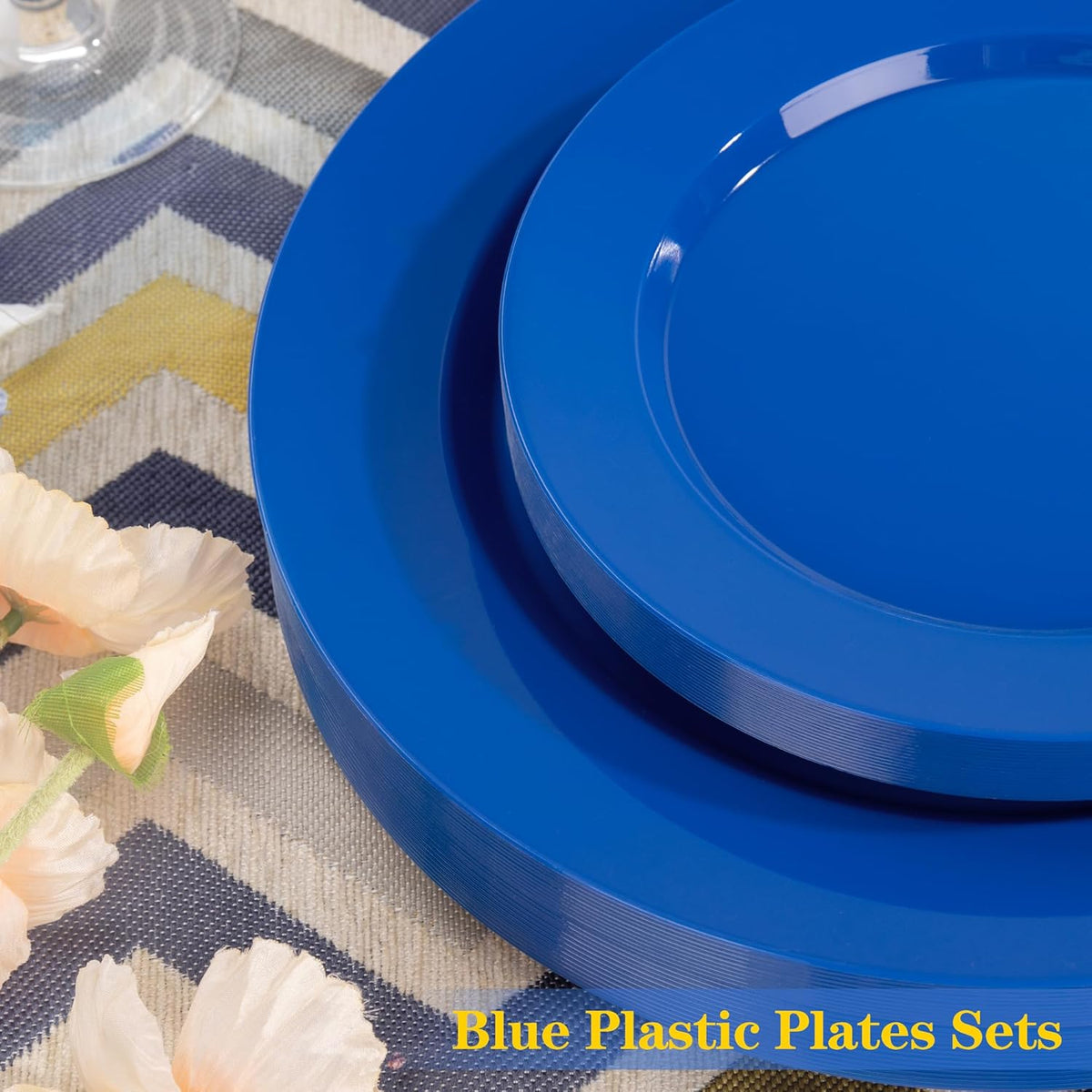 I00000 102 Pcs Blue Plastic Plates, Disposable Party Plates Include 51 Blue Dinner Plate 10’’ and 51 Plastic Dessert Plate 7’’ Perfect for Birthday, Party & Wedding