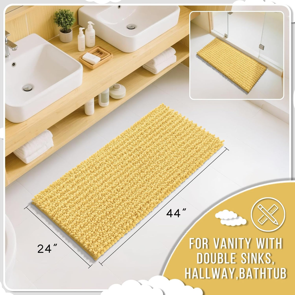 Yimobra Long Bathroom Rugs Non Slip Washable 44x24 Inch - Ultra Soft Absorbent Chenille Bath Mat, Quick Dry Shaggy Floor Carpet for Tub Shower, Yellow Home Decor Accessories